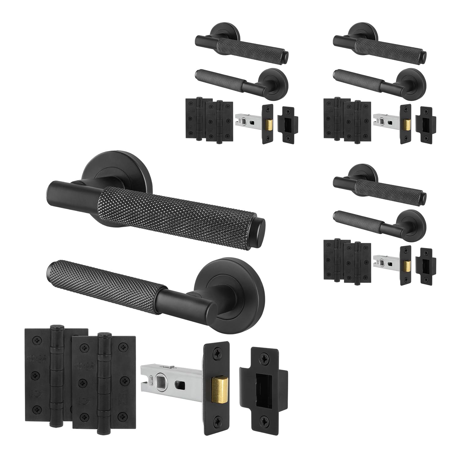 EAI Black Knurled Door Handle Latch Set, 4 Pairs Internal Matt Black Round Rose Door Handles, Latches 64mm Hinges 76mm - Dolton โ image 1