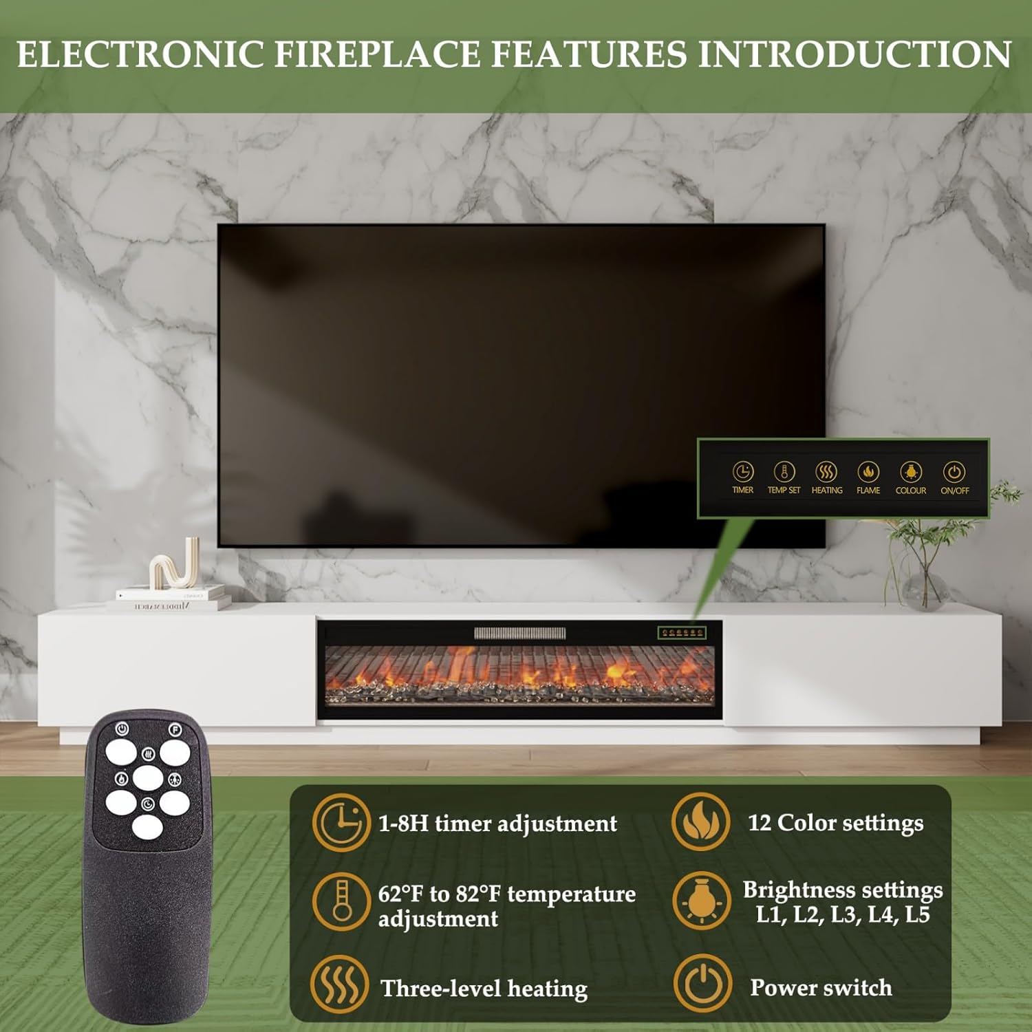 109 Inch Electric Fireplace TV Stand for 100+ Inch TV, Extra Wide Fireplace Entertainment Center with 46" Large Fireplace and 12-Color LED Lights, Modern Media Console with 2 Drawers, White