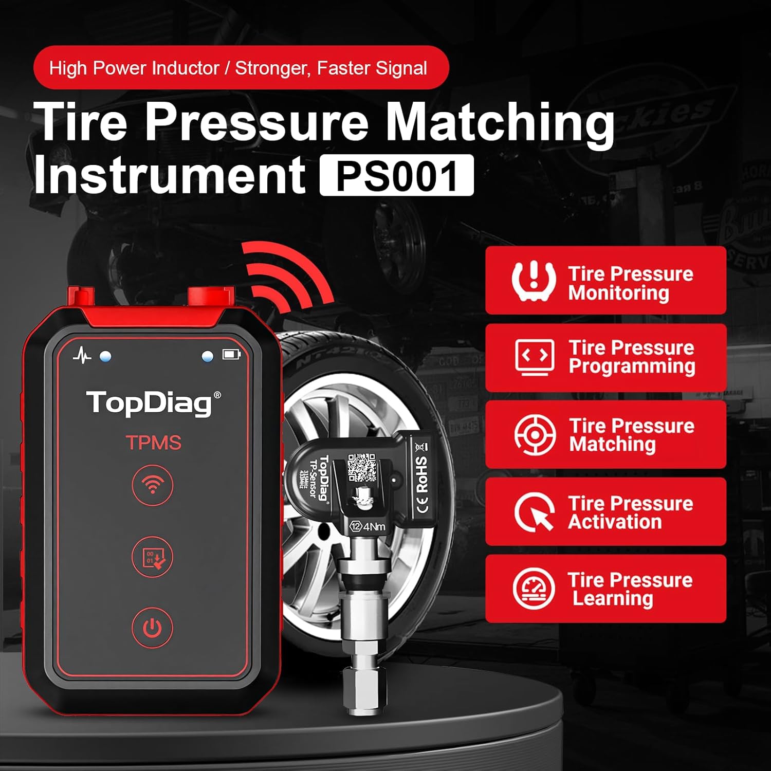 TPMS Programming Tool Kit, PS001 Universal TPMS Relearn Tool with 4 Pack TPMS Sensors, Tire Pressure Monitor System Diagnostic Tool, Alternative of TS408 TS501 TS508WF