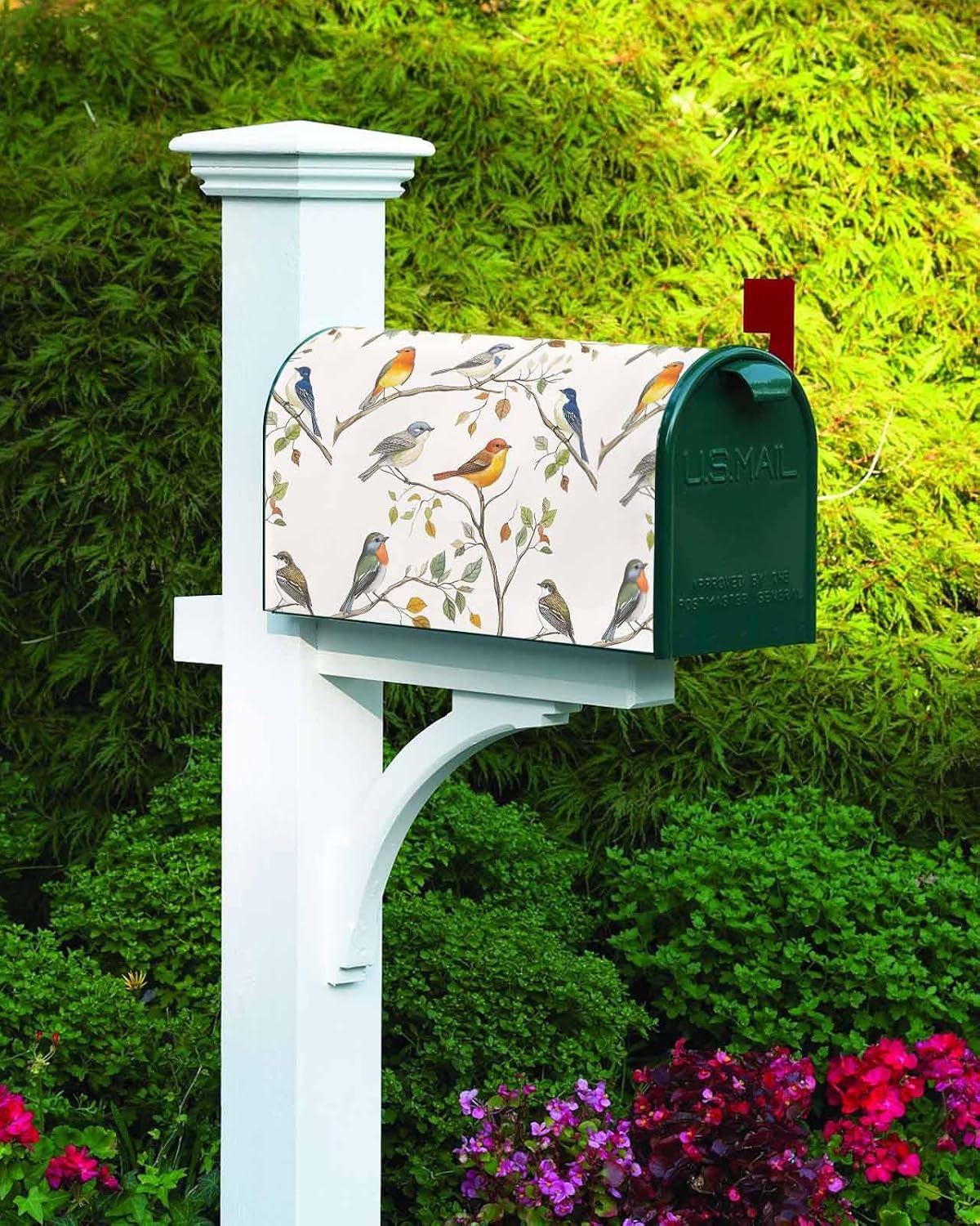 Watercolor Bird Mailbox Covers Magnetic Standard Size, Spring Multicolored Leaf Plant Branch Decorative Post Letter Numbers Box Wrap Decoration Covers Large Accessories for Garden Yard Outdoor Décor