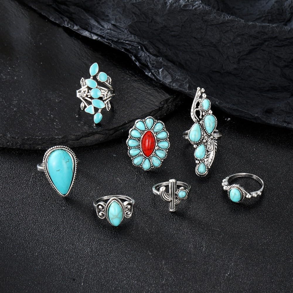 LadayPoa 3/7Pcs Vintage Turquoise Ring Set for Women, Bohemian Cactus Leaf Flower Knuckle Stackable Rings, Chunky Stone Long Water Drop Finger Ring Pack Bohe Western Beach Jewelry Gifts - Image 4