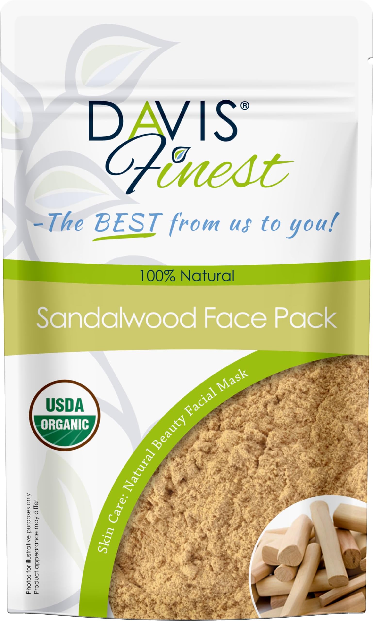 Davis Finest Sandalwood Pure Natural Chandan Powder for Face, Skin, Lightening, Dark Spots, Brightening, Even Skin Tone, Moisturizing Face Mask |Facial Treatment for Sensitive Dry Acne Prone Skin 100g