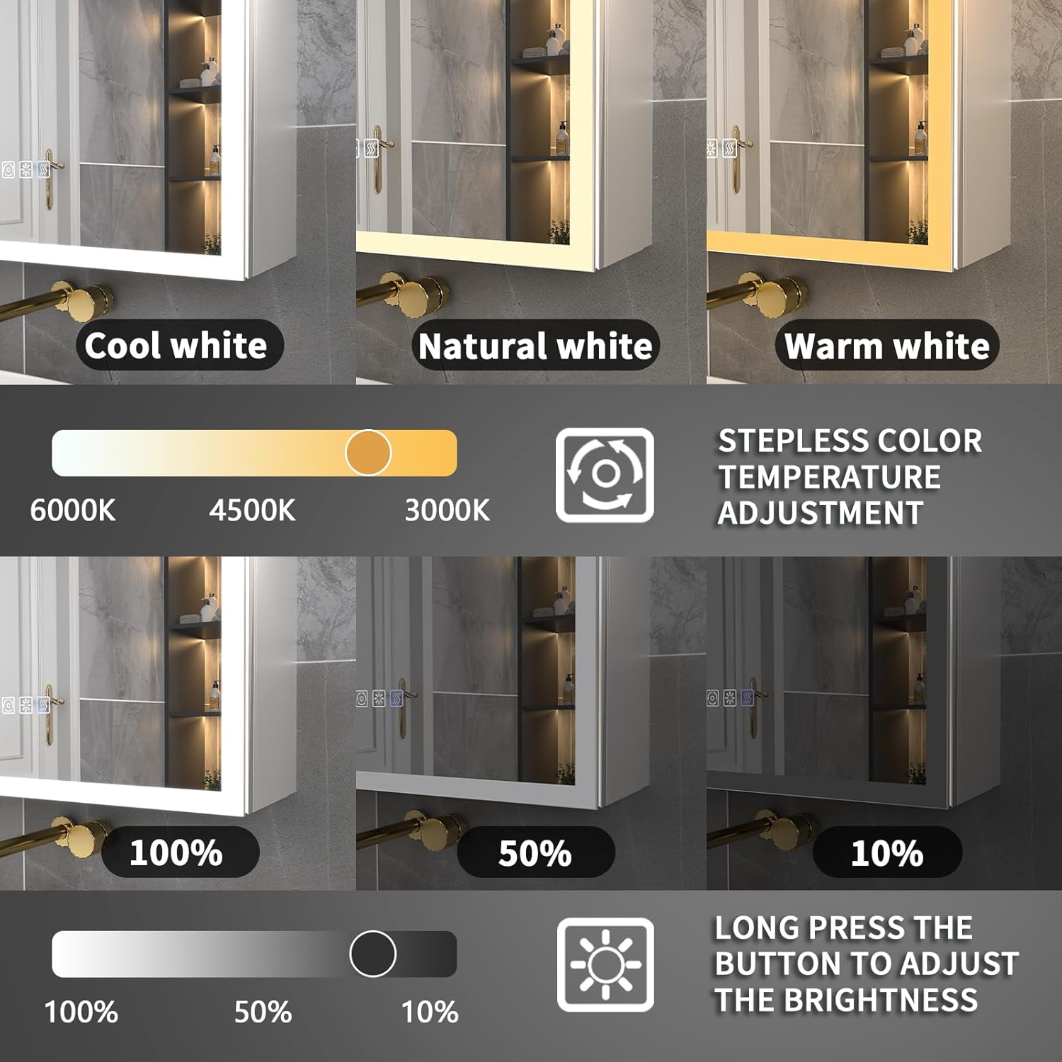 Images showing the medicine cabinet's LED lighting in cool white (6000K), natural white (4500K), and warm white (3000K), and brightness levels at 100%, 50%, and 10% with instructions for stepless color temperature and dimming adjustments.