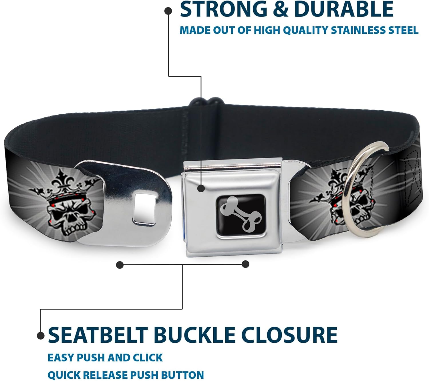 Buckle-Down Dog Collar Seatbelt Buckle King Skull Blocks Rays Grays Available In Adjustable Sizes For Small Medium Large Dogs, 1.5" Wide - Fits 18-32" Neck - Large