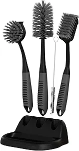 Dish Brush Set of 5 with Holder - Kitchen Scrub Brushes with Non-Slip Long Handle for Cleaning, Scrubber, Dishwashing, Dishes, Bottles, Straws, Cups, Pots & Sink, Black
