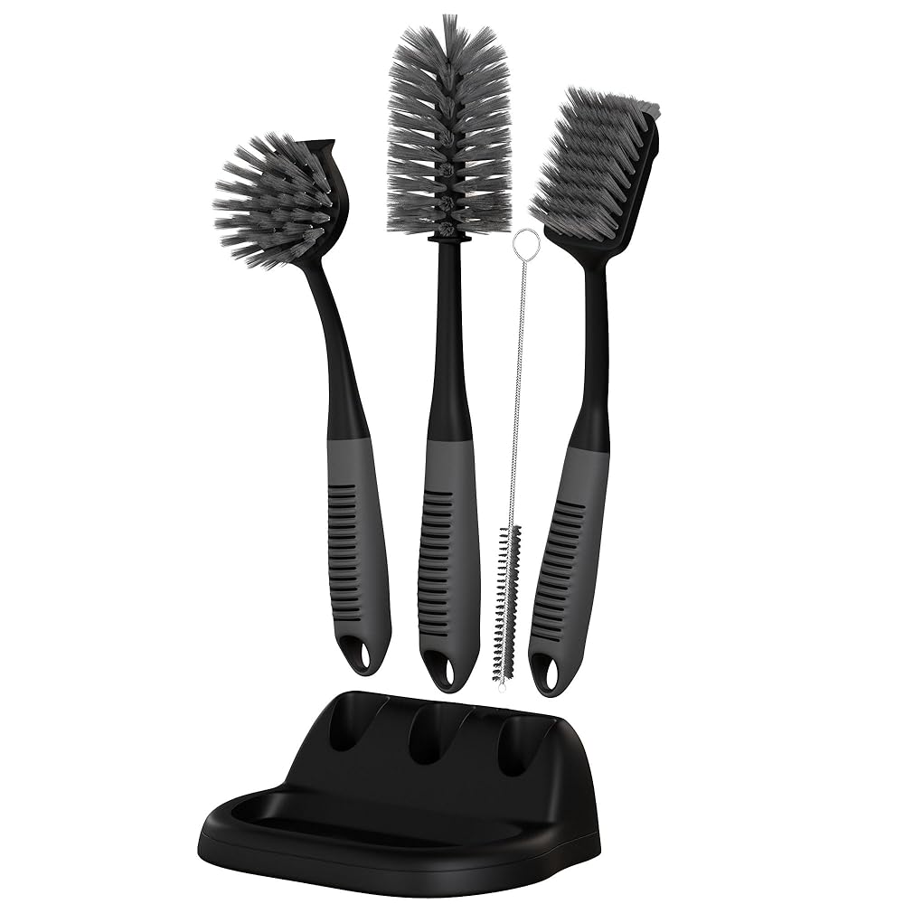 Dish Brush Set of 5 with Holder - Kitchen Scrub Brushes with Non-Slip Long Handle for Cleaning, Scrubber, Dishwashing, Dishes, Bottles, Straws, Cups, Pots & Sink, Black