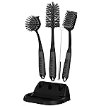 Dish Brush Set of 5 with Holder - Kitchen Scrub Brushes with Non-Slip Long Handle for Cleaning, Scrubber, Dishwashing, Dishes, Bottles, Straws, Cups, Pots & Sink, Black