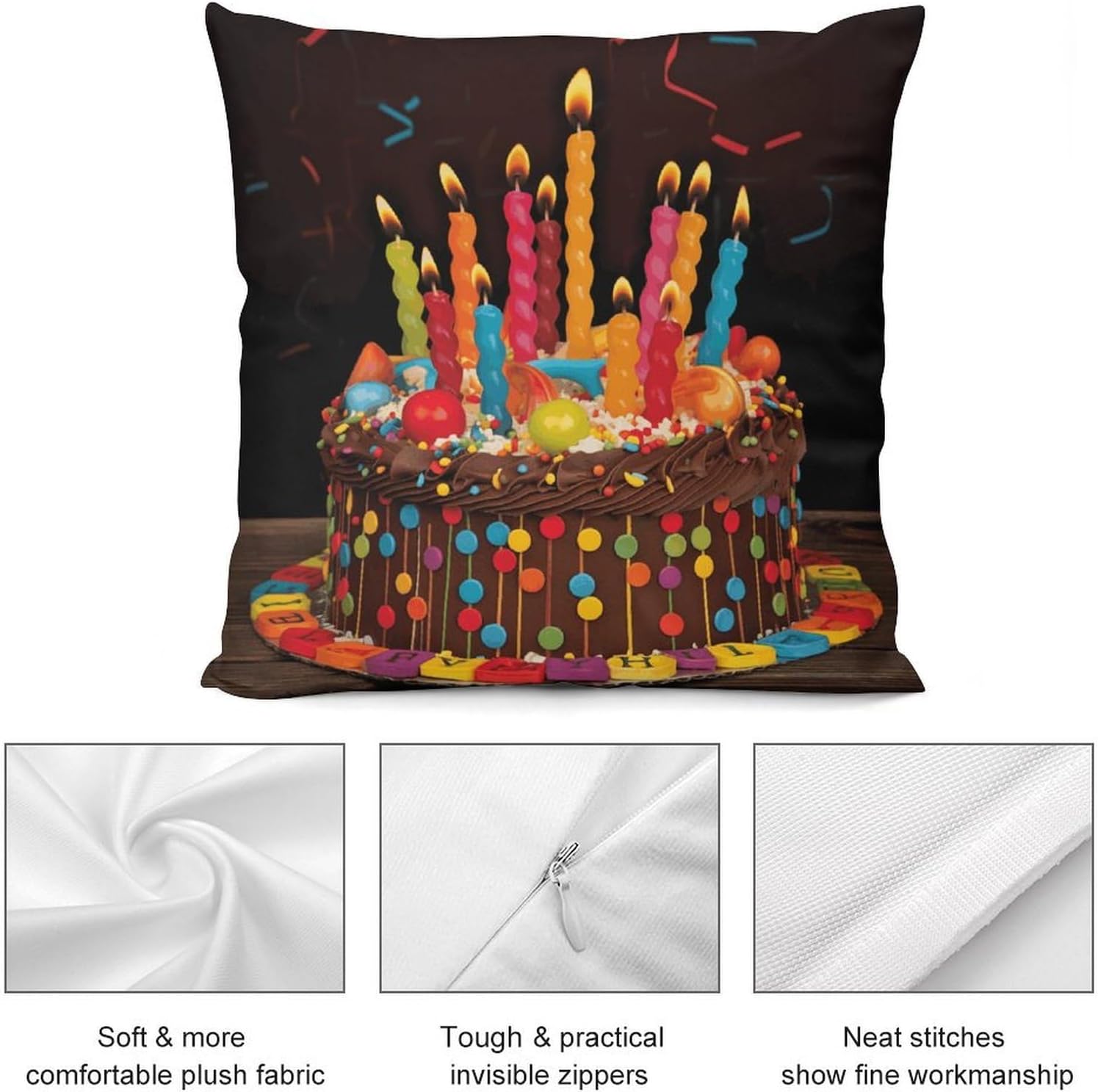 16 "x16 Throw Pillow Covers Set of 4 Happy Birthday Big Cake Pillow Cover for Sofa Square Pillowcase for Couch Bed Living Room Home Decor Plush Cushion Cases