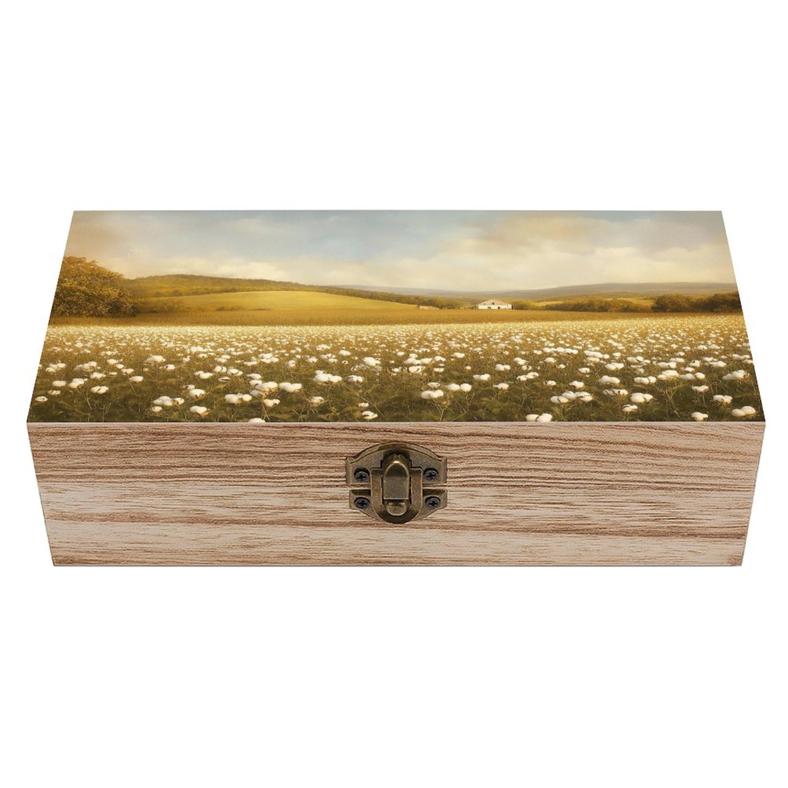 Ahdyr As Pic Spring Meadow With Cotton Fields Farmhouse Landscape Wooden Storage Box With Hinged Lid And Front Clasp Large Keepsake Box