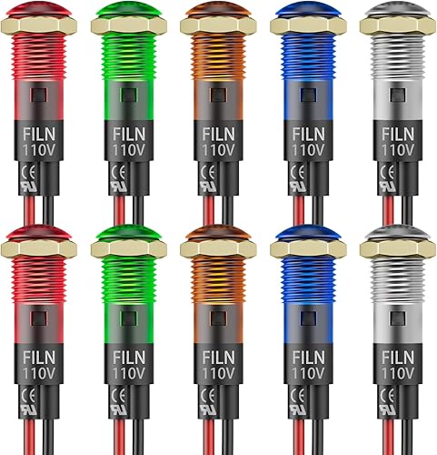10 luces indicadoras LED de 0.315 in (516 pulgadas), luz indicadora LED de 110 V, luces piloto piloto de 110 V rojo, verde, amarillo, azul, blanco,