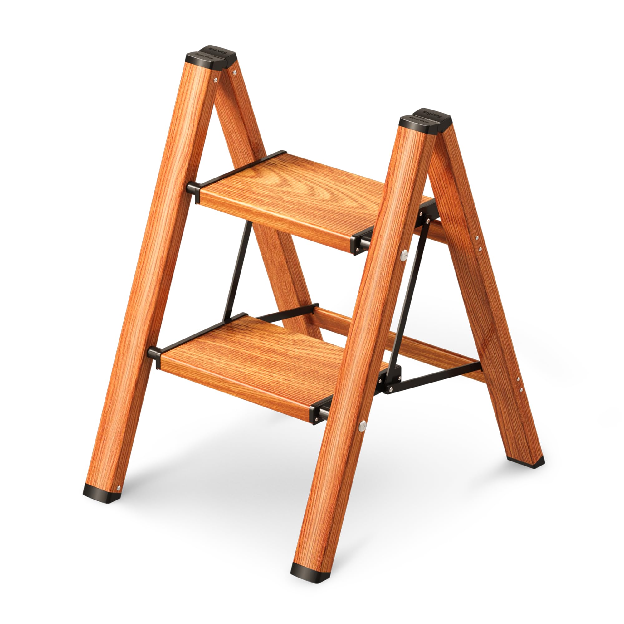 GameGem 2 Step Ladder, Folding Step Stool with Anti-Slip Wide Pedal, Aluminum Material Lightweight yet Sturdy, 150 KG Loading, Cute Modern Apperance for Indoor Household Spaces, Woodgrain