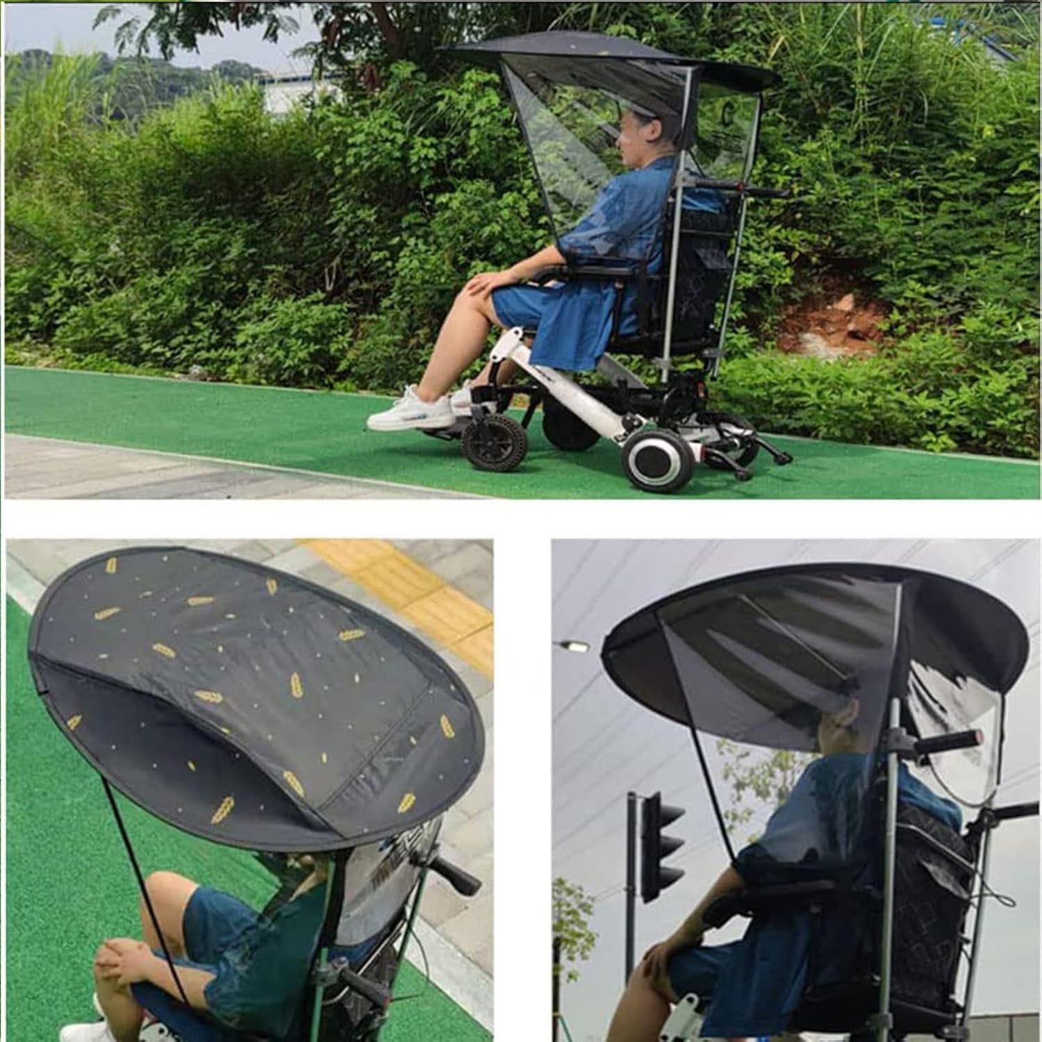 Toldo eléctrico para silla de ruedas – Parasol universal para protección contra rayos UV, soporte de abrazadera para silla de paraguas para la mayoría de sillas de ruedas
