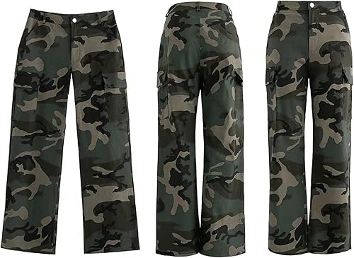 Vista 5 de Vakkest Pantalones cargo de camuflaje de gran tamaño para mujer, pantalones deportivos de entrenamiento, camuflaje militar, fatiga con bolsillos