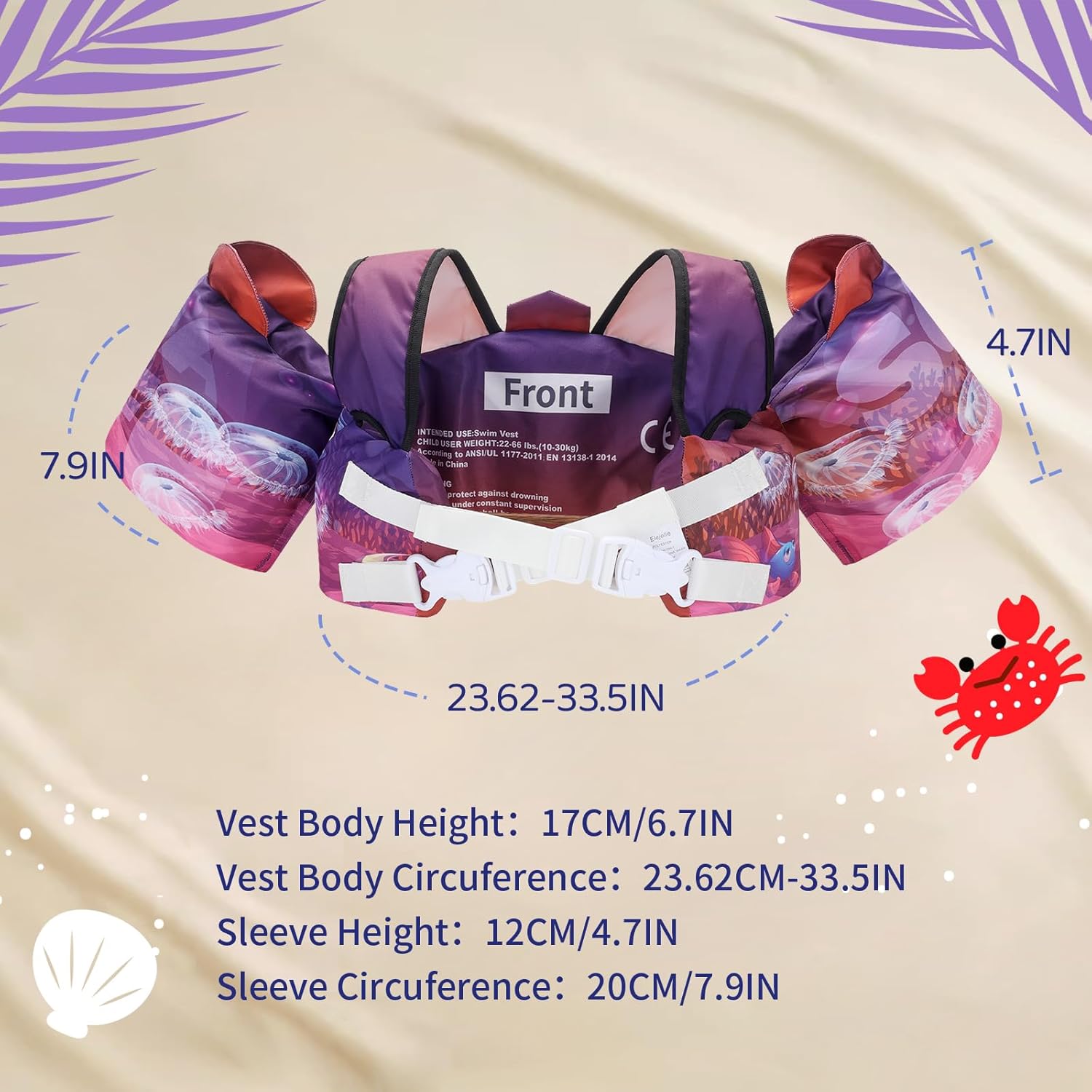 Elejolie Toddler Swim Vest for Child Learn Swiming Training,Infant Safety Swimmies Aid Jacket for Kids 2 3 4 5 6 Years Old,Arm Water Wings for Baby 22-66lbs