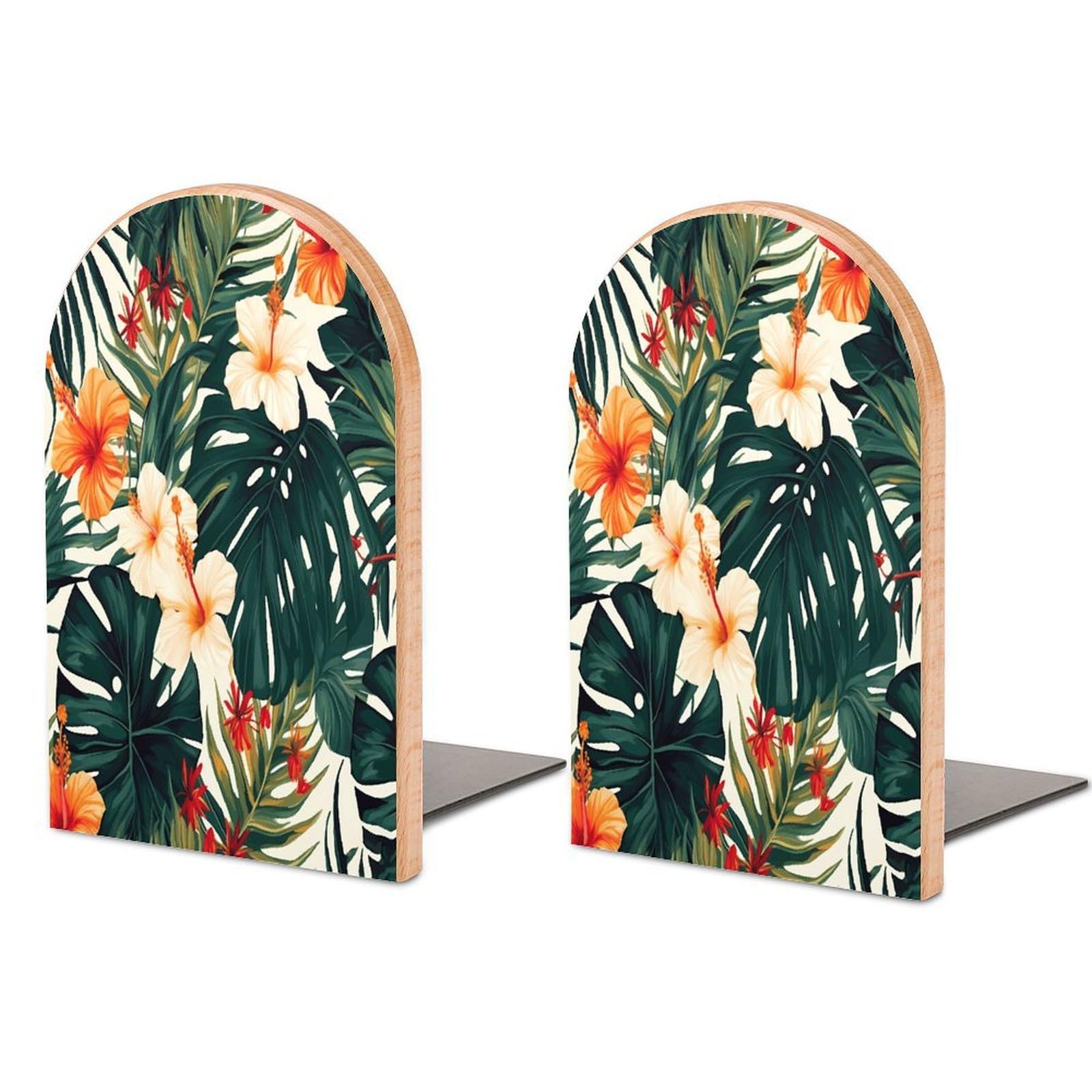 Tropical Summer Hawaiian Flower Palm Leaves Bookend Wood Book End for Shelves Heavy Duty Non-Slip Wooden Bookend Support Universal Economy Bookends Fancy Modern Decorative Book Accessories 1 Pairs