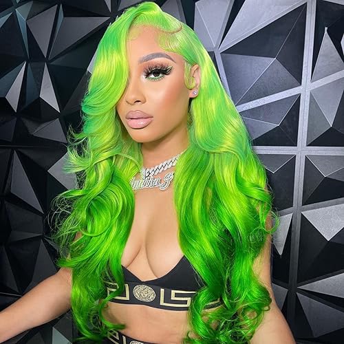 GIANNAY Pelucas de cabello sintético ondulado con encaje frontal verde para mujer, pelucas de cabello sintético sin pegamento para mujer, pelucas de