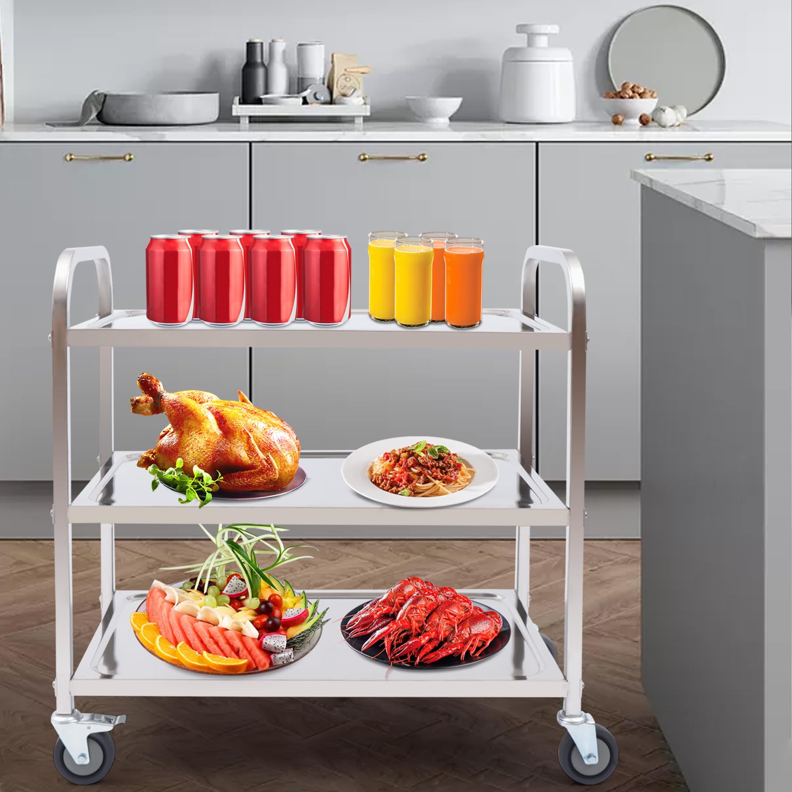 Carro de servicio de acero inoxidable con 3 bordes, carro de cocina con ruedas y frenos de estacionamiento, 4 ruedas, carro de servicio gastro con freno, 75 x 40 x 83,5 cm