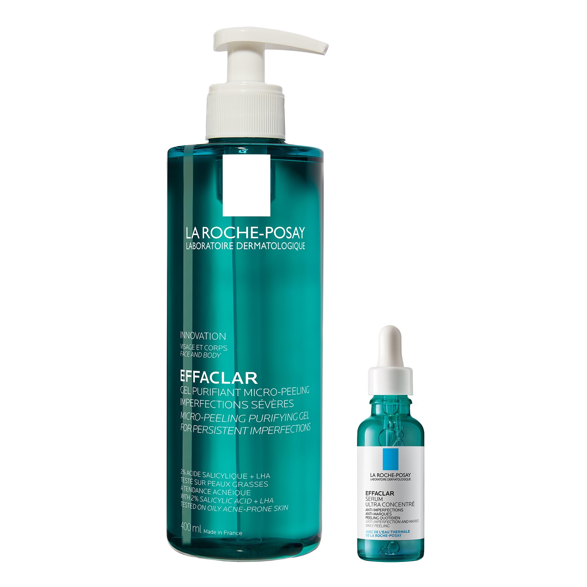 La Roche Posay Effaclar Set mit Mikro-Peeling Reinigungsgel & Peeling-Serum, Pflegeset zur Milderung von Unreinheiten, Reinigung und Glättung, Für fettige, zu Akne neigende Haut, 400ml + 30ml