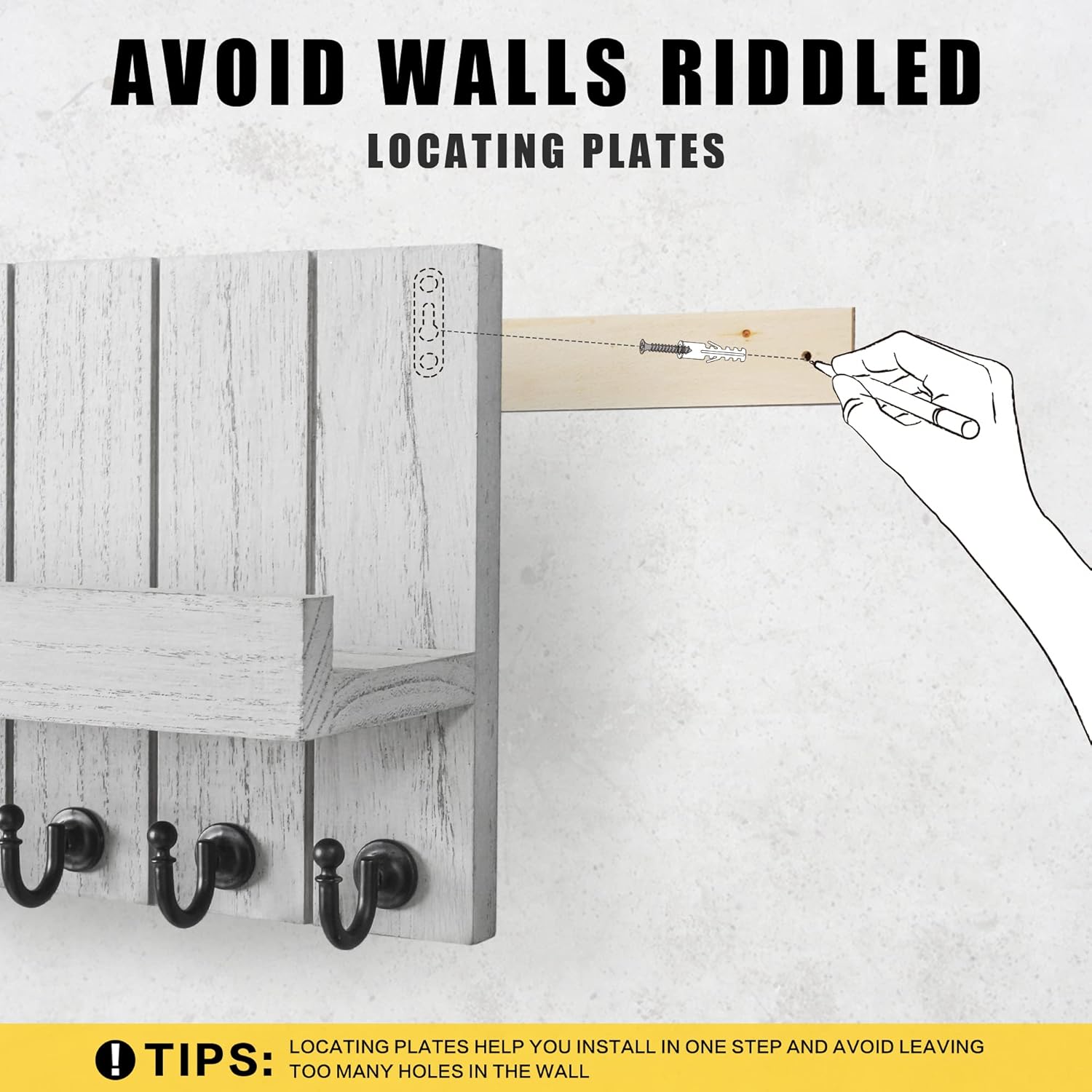 Rebee Vision Key Holder for Wall Set : 10" Key Rack with 5 Hooks & 16" Mail Organizer with Chalkboard and 4 Anchor Hooks for Home Apartment Entryway Decor - Grey