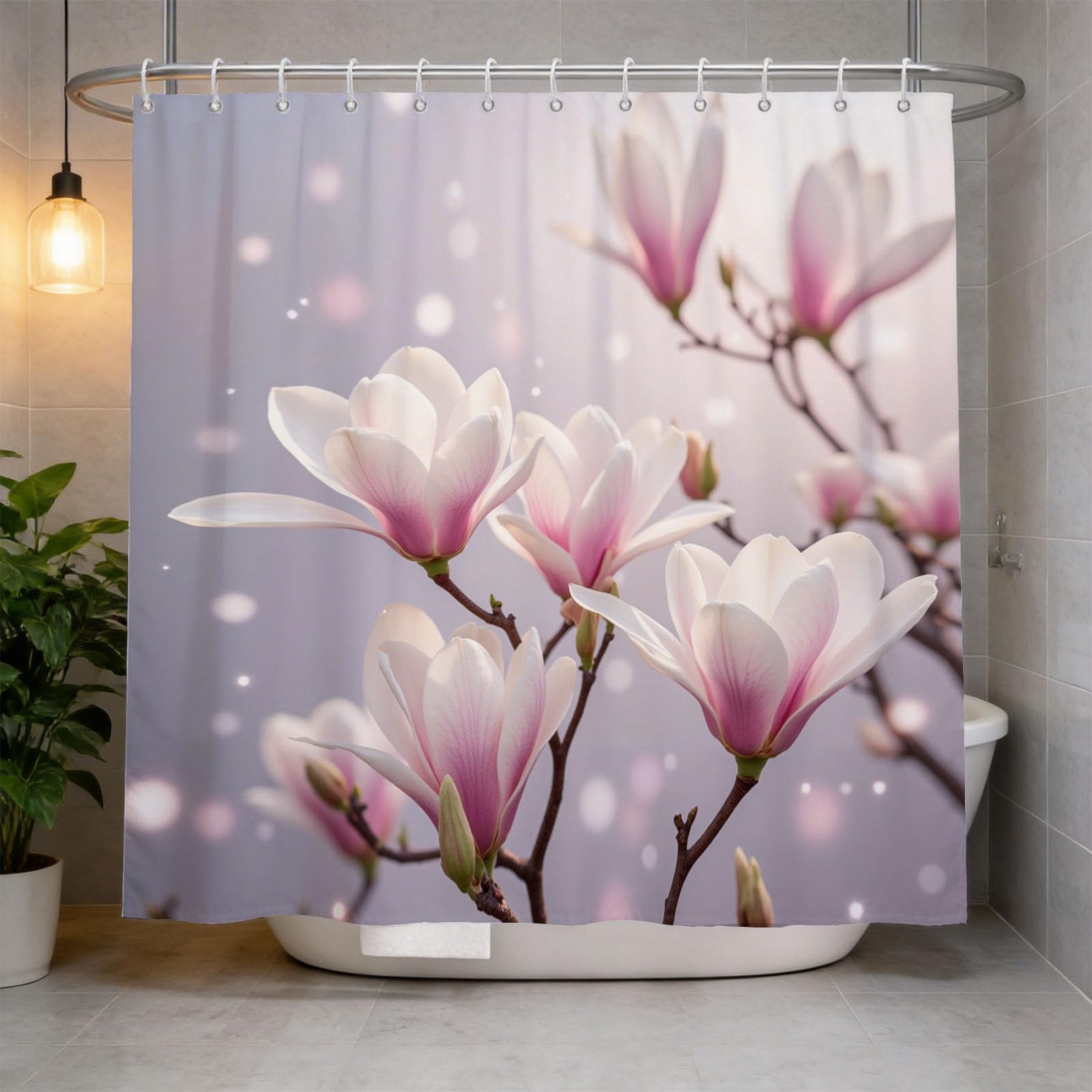 Hongduo 3D Magnolia Shower Curtain for Stalls Bathtubs Chic Bathroom Decor Shower Curtain Set Polyester Fabric Waterproof 180x180cm/71X71 Inch with Hooks