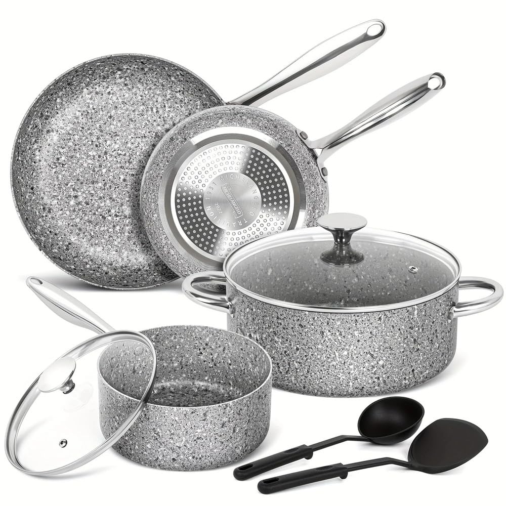8-częściowy zestaw garnków i patelni, naczynia kuchenne z powłoką granitową, aby uzyskać efekt Super Nonstick, niezbędne kamienne przybory kuchenne Cookwa, szary granit 8, sztuka, jeden