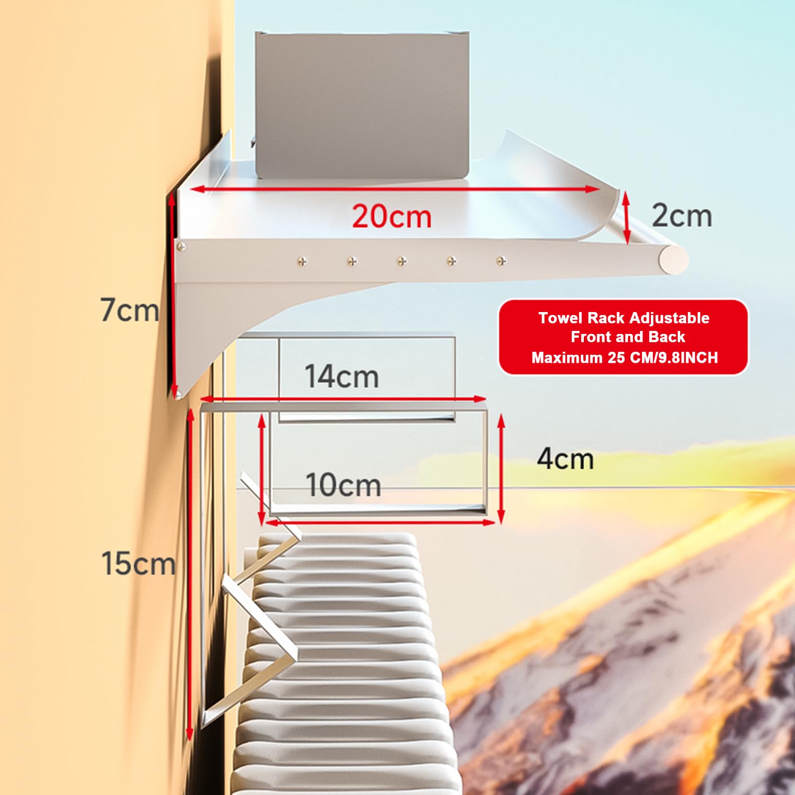 Mensola sopra il radiatore con barra portasciugamani Copertura del radiatore in alluminio senza foratura Design galleggiante per soggiorno, cucina, ufficio, staffa in acciaio inox soluzione