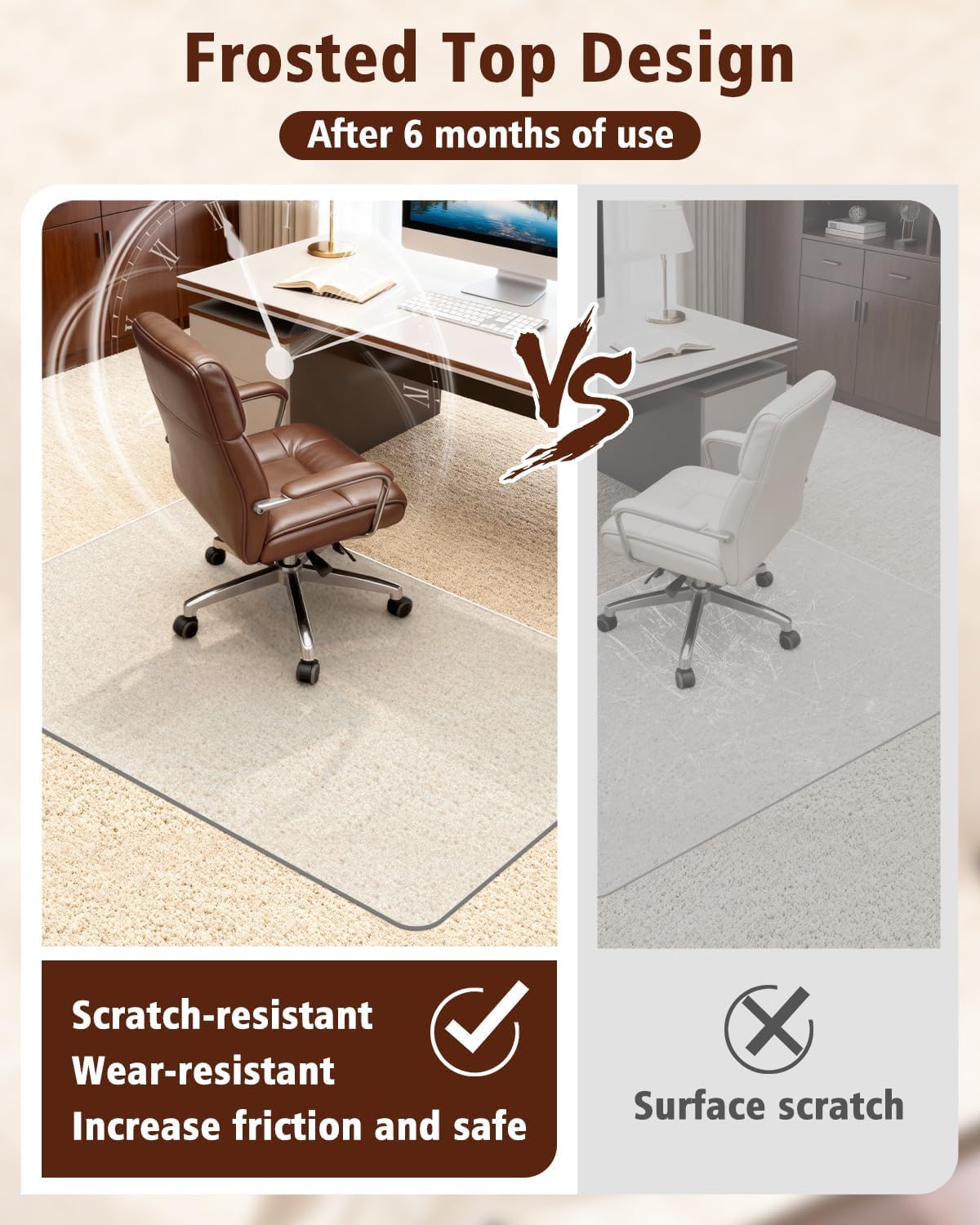 Hard Frosted Office Chair Mat for High Pile Carpet and Hardwood Floor, 32" x 47.2" Anti-Slip Computer Rolling Chair Mat, Heavy Duty Chair Pad Under Desk Carpeted Floor Protector for Home, 1PCS