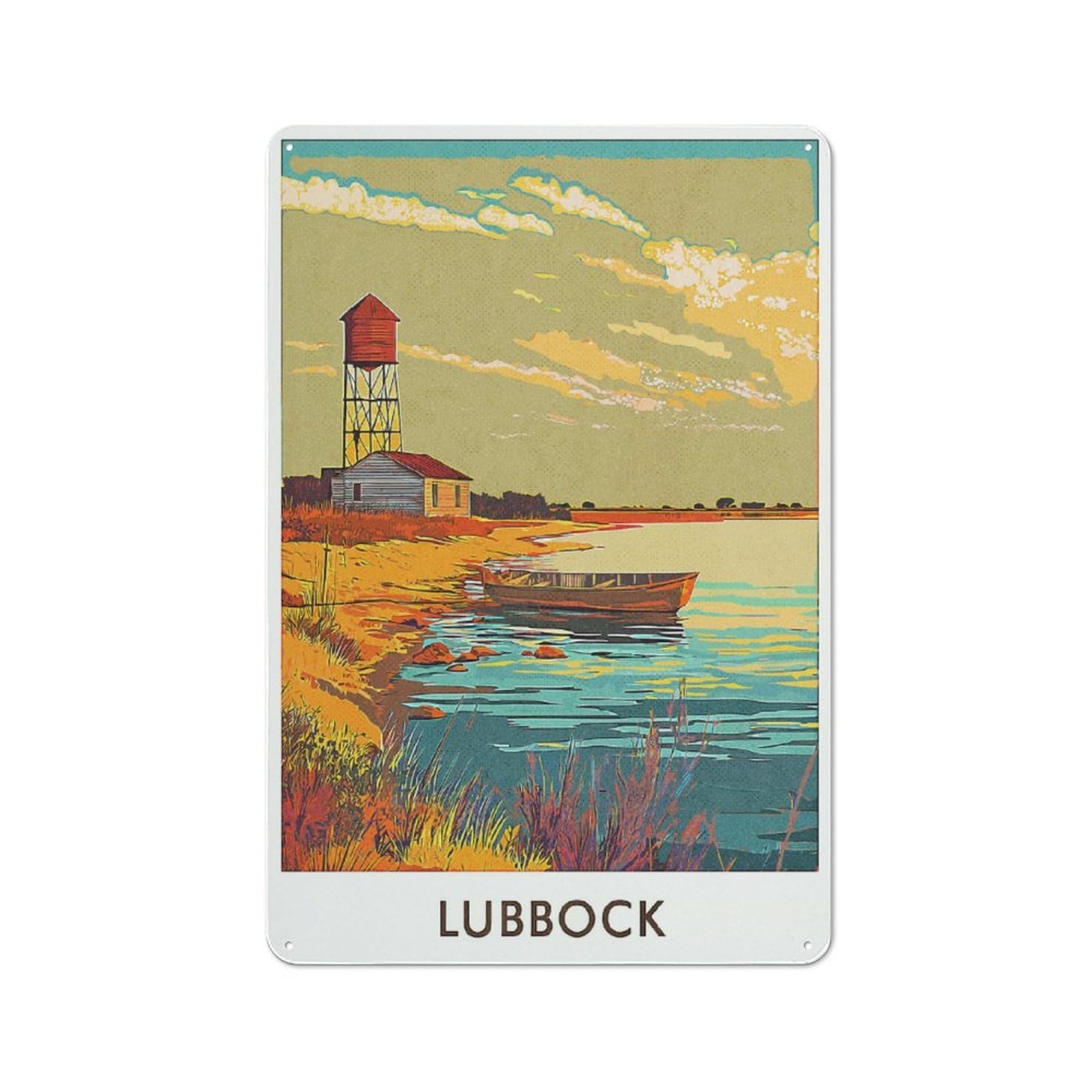 Vintage Metal Plaque 30x20cm Featuring Lubbock Water Tower, Diner Style Decor for Restaurant, Kitchen, Counter Or Breakfast Nook