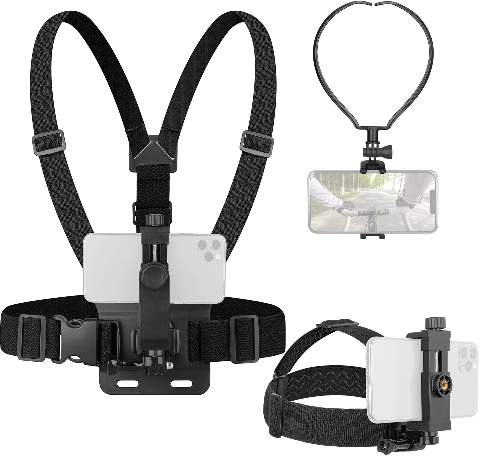 ChromLives 3 in 1 Hands-Free Phone Strap Mount Set - Chest, Head, and Neck Holder Compatible With iPhone, GoPro Hero and More