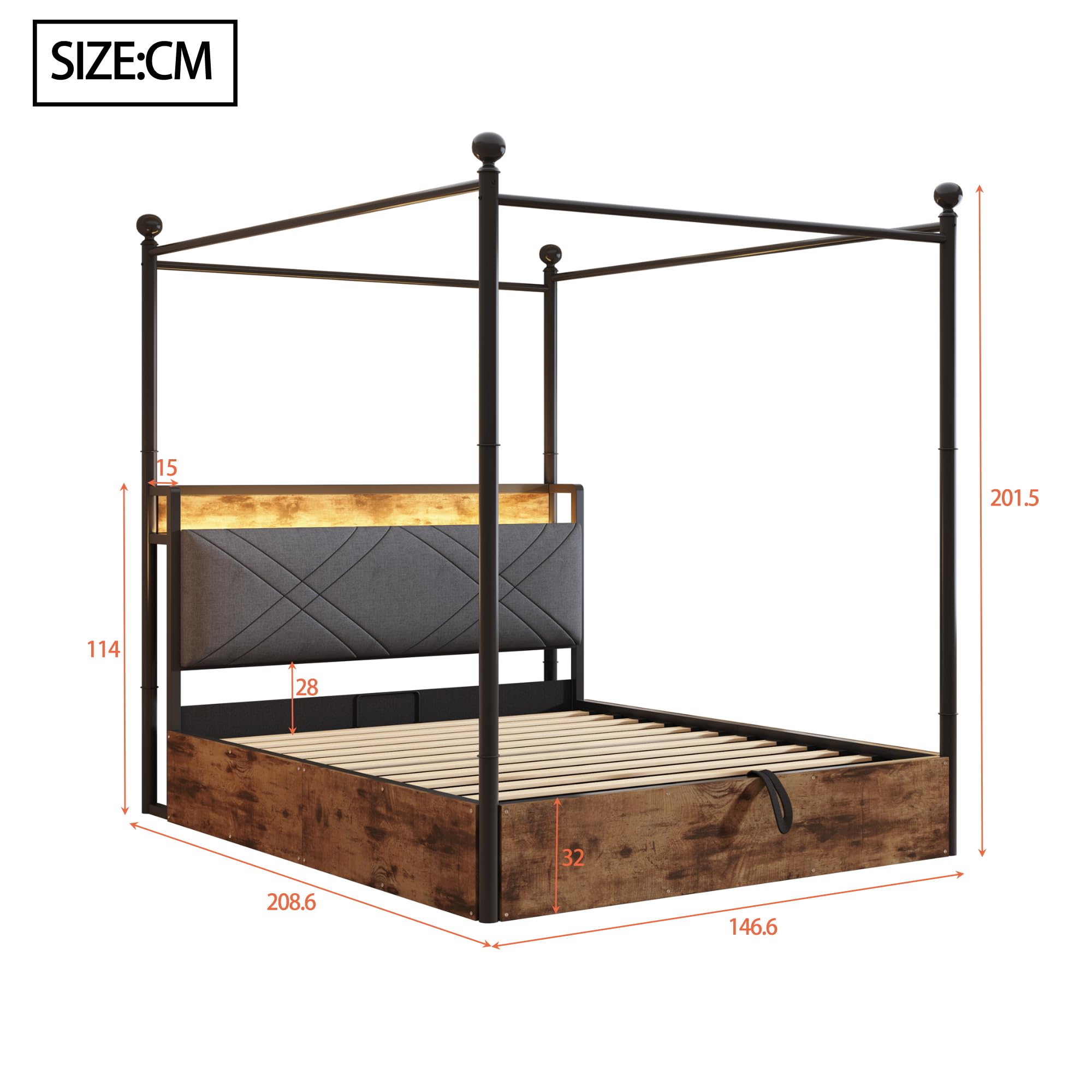 Multifunktionales Bett,mit Stauraum und schmiedeeisernem Baldachin,mit abnehmbaren Bettpfosten mit LED und USB-/Typ-C-Ladeanschlüssen,Eiseneinzelbett. (schwarz mit Hydraulisch Bettstauraum, 140*190cm)