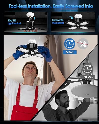 Miniatura 4 de AUDLES Luz de garaje con sensor de movimiento, 150 W, 15000 lúmenes, 6500 K, luces LED de garaje, luces de techo LED con 4 paneles deformables,