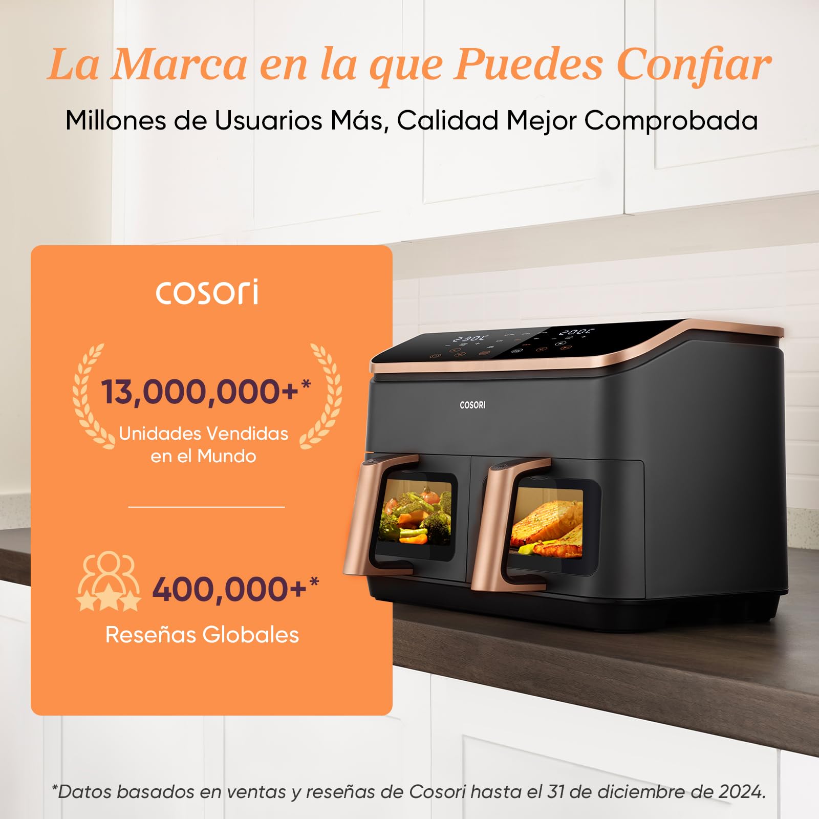 Cosori Freidora de Aire 8,5L, Doble Cesta con Ventana, 10 Funciones, Oro | Ventana para Ver Fácilmente, Interior Metálico Más Seguro, 2 Platos a la Vez, Alta Potencia y 55% de Eficiencia, Bajo Ruido