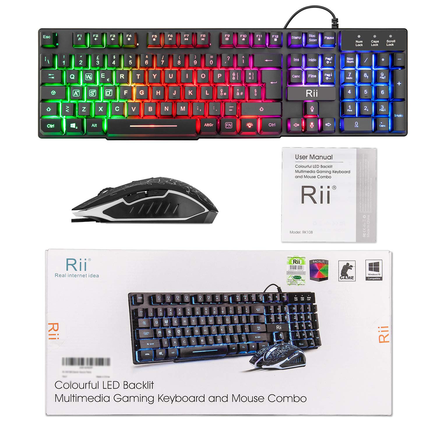 Rii Gaming RK108 (Layout Italiano) - Set Tastiera RK100+ e Mouse da Gioco, retroilluminati a LED, sensibilità Regolabile Fino a 3.200 DPI
