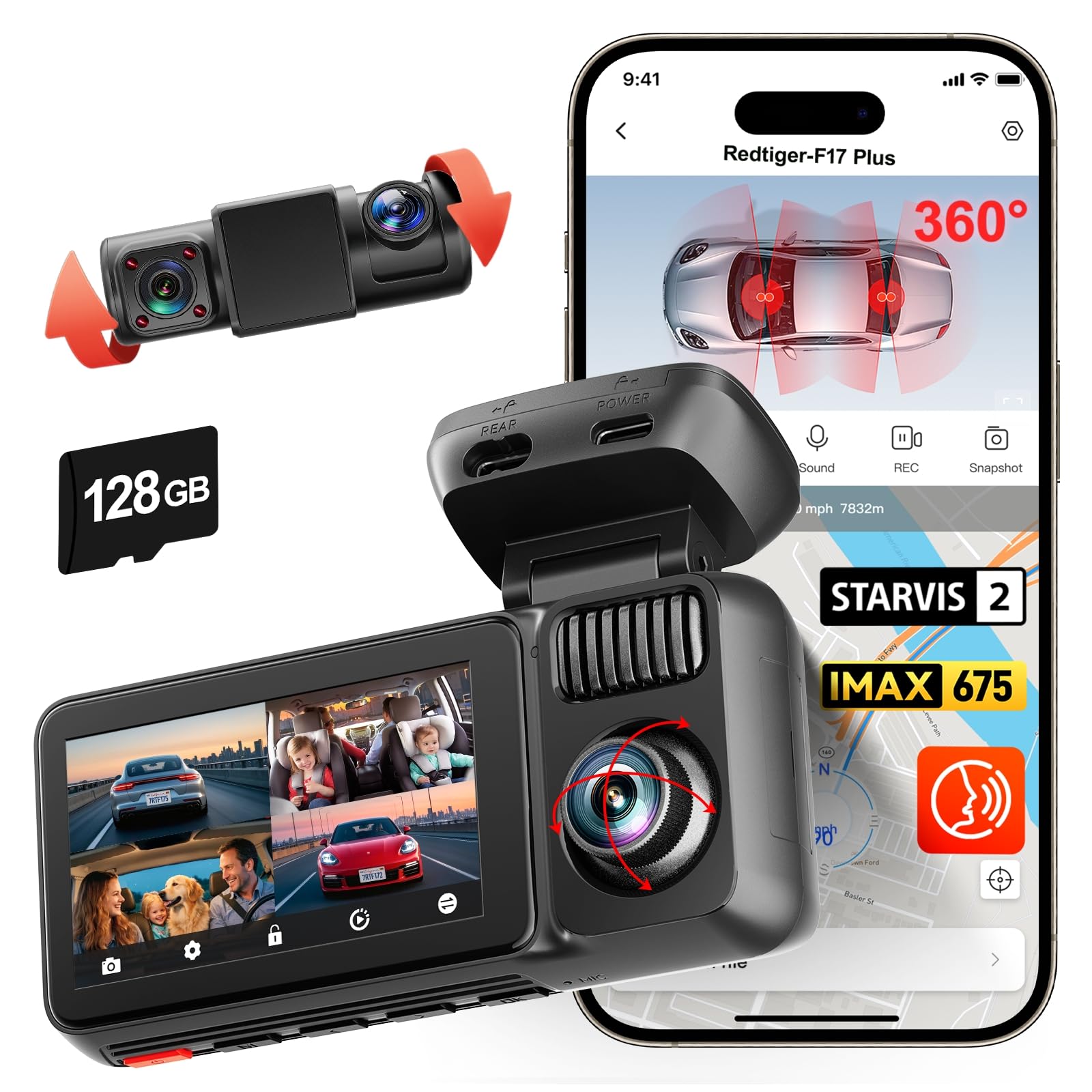 REDTIGER F17 Plus 4 Channel Dash Cam,STARVIS 2 IMX675, 360° Inside & Outside Recording, 2.7K Front + 1080P Cabin & Rear, 5.8GHz WiFi GPS, Voice Control, Touchscreen, Parking Mode, Free 128GB