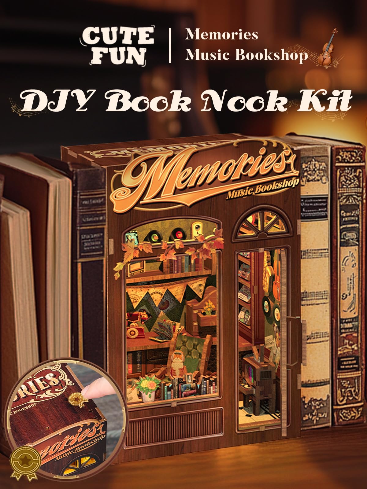 Cutefun DIY Case delle bambole Book Nook Model Kit, Reggilibri Scaffale Inserto Decorazione con Luce LED,Kit di Costruzione di Modellini in Legno per (Bookshop)