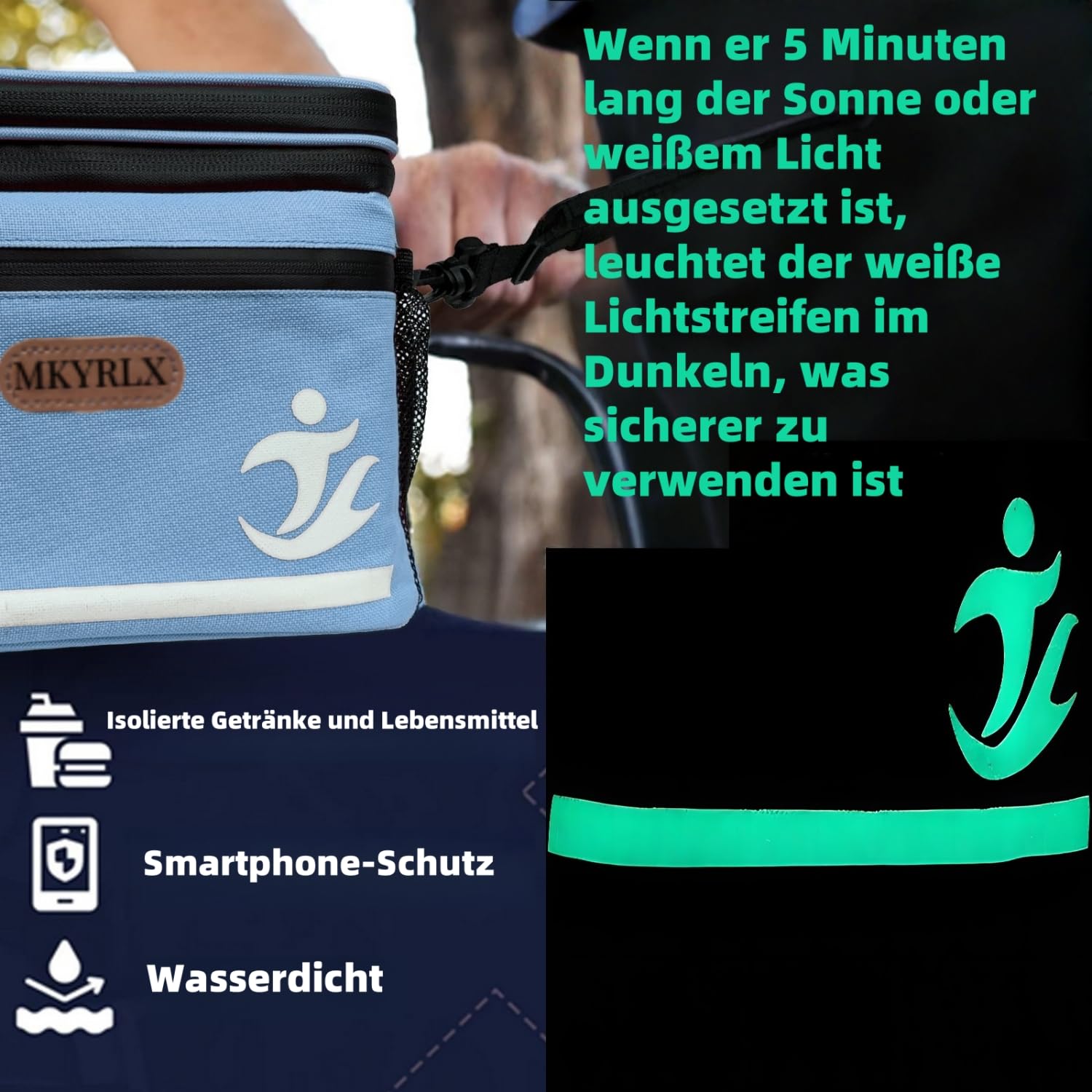 Lenkertasche Fahrrad, 5L Isoliertasche, lunchtasche , Kühltasche,Fahrradtasche Vorne, Fahrradkorb, Wasserdicht Handyhalterung, Lenkradtasche mit Touchscreen und abnehmbar Schultergurt Wasser blau
