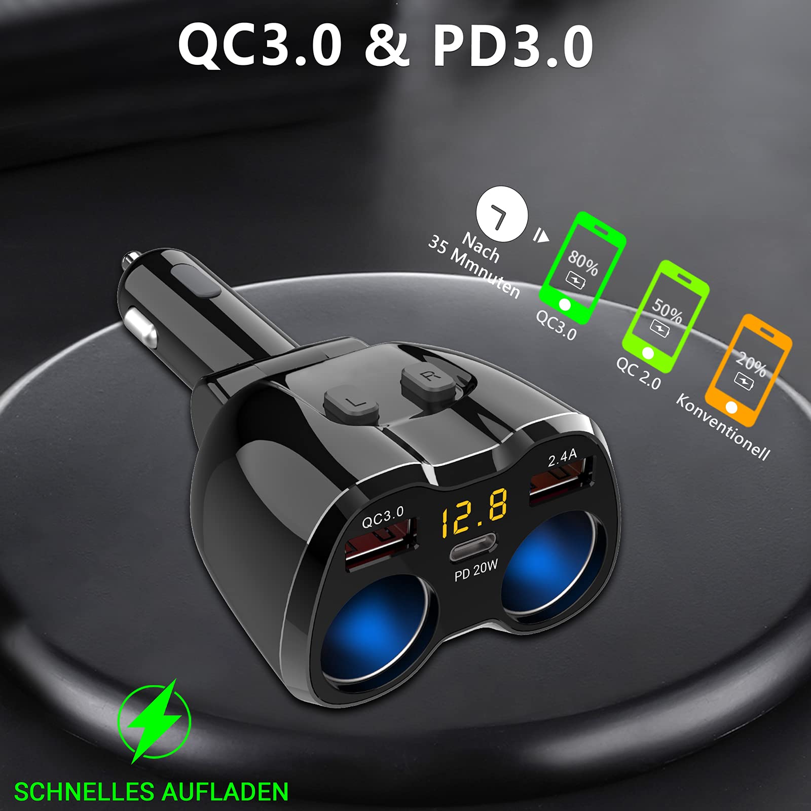 PD 30W kfz Ladegerät Verteiler: 200W 12V USB C Zigarettenanzünder Adapter Splitter 12 Volt DC Stecker Mehrfach Auto Steckdose mit Voltmeter Dual Typ C Anschluss für lPhone Samsung Handy GPS Dashcam