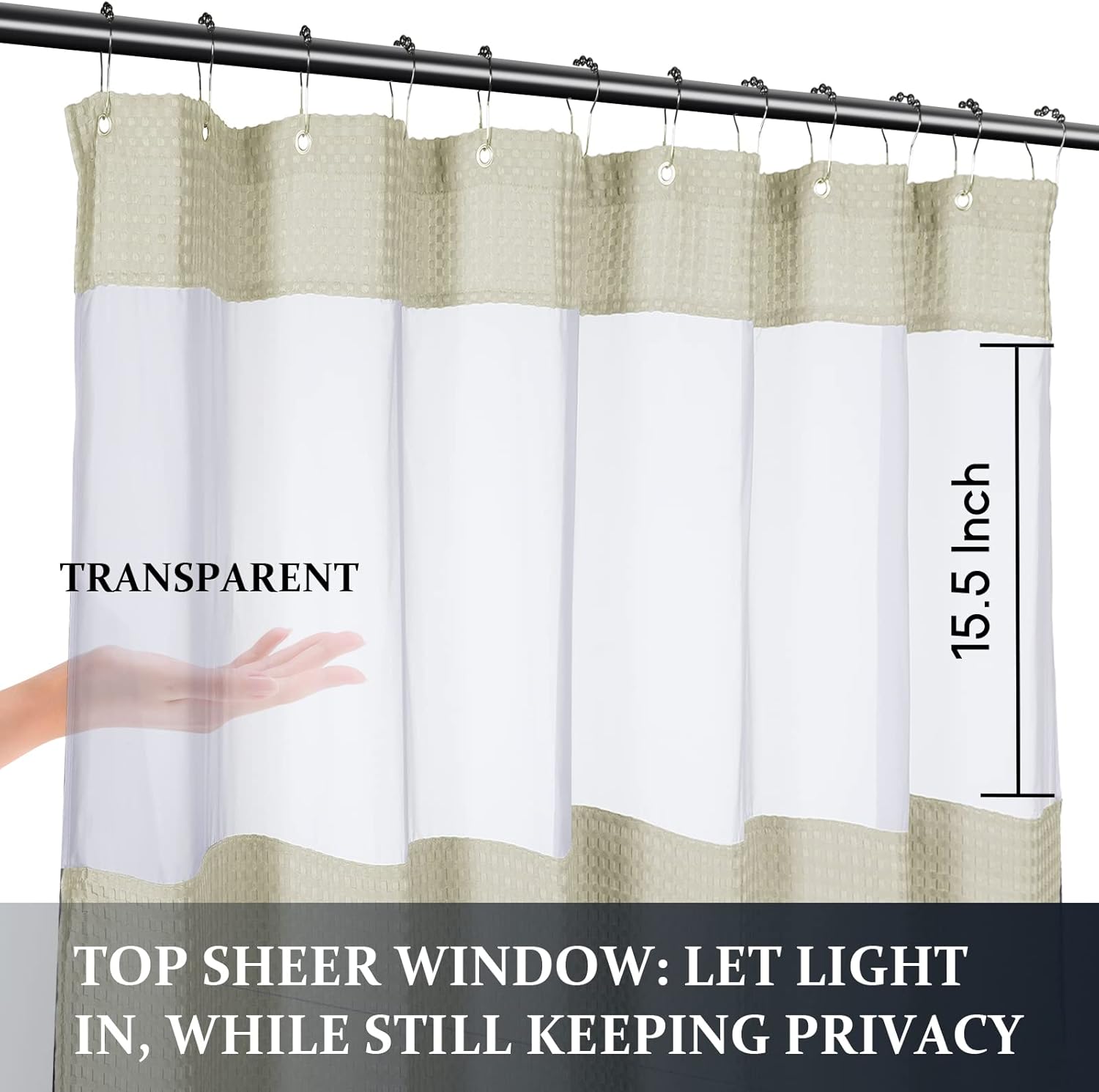 Yimobra Waffle Shower Curtain Sets with Liner, Heavyweight Fabric with 12 Hooks, Water-Repellent, Washable, Mesh Top Window, 72 "x 72", Beige