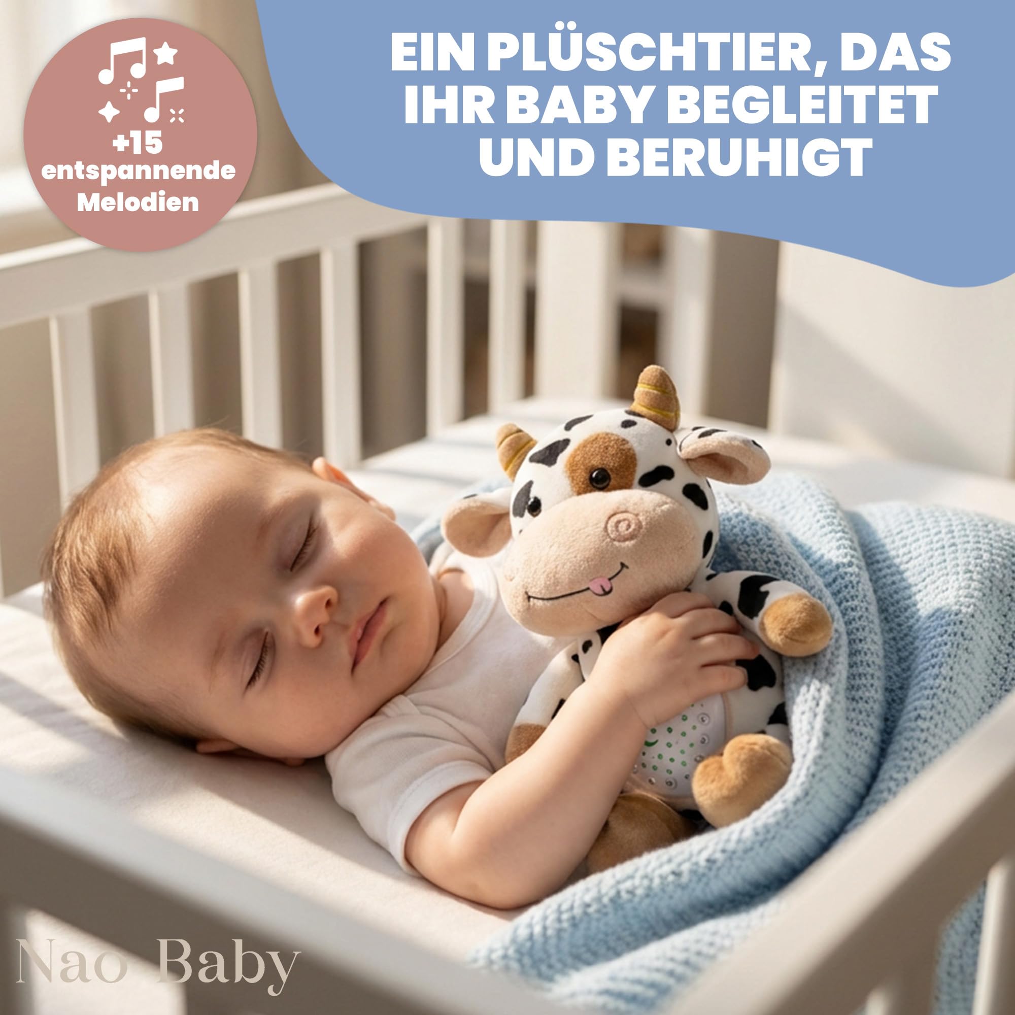 Kuschelspielzeug Kuh mit weißem Rauschen Maschine Baby & Baby Nachtlicht - USB Wiederaufladbar, Auto Timer 20/40/60 Min, Waschbar - Ideal als Spieluhr Baby Jungen und Einschlafhilfe für Babys