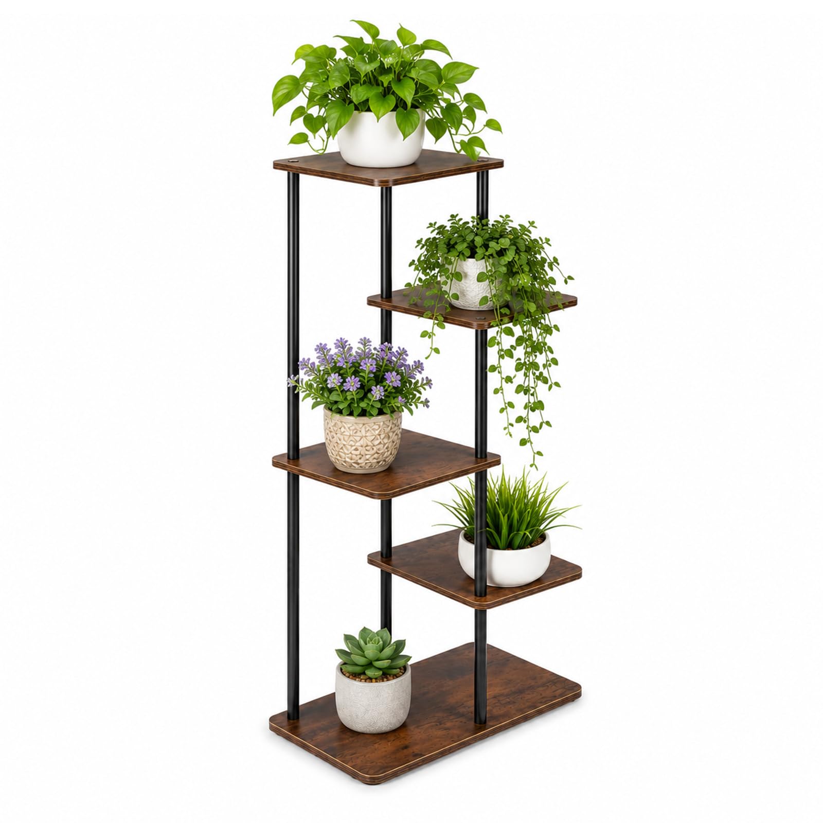 evergoods 5 Tier Plant Stand, 47×24×85cm Multi-Layer Wood & Metal Plant Shelf, Corner Flower Display Rack for Indoor Living Room, Balcony, Patio & Office (Black 5Tier)