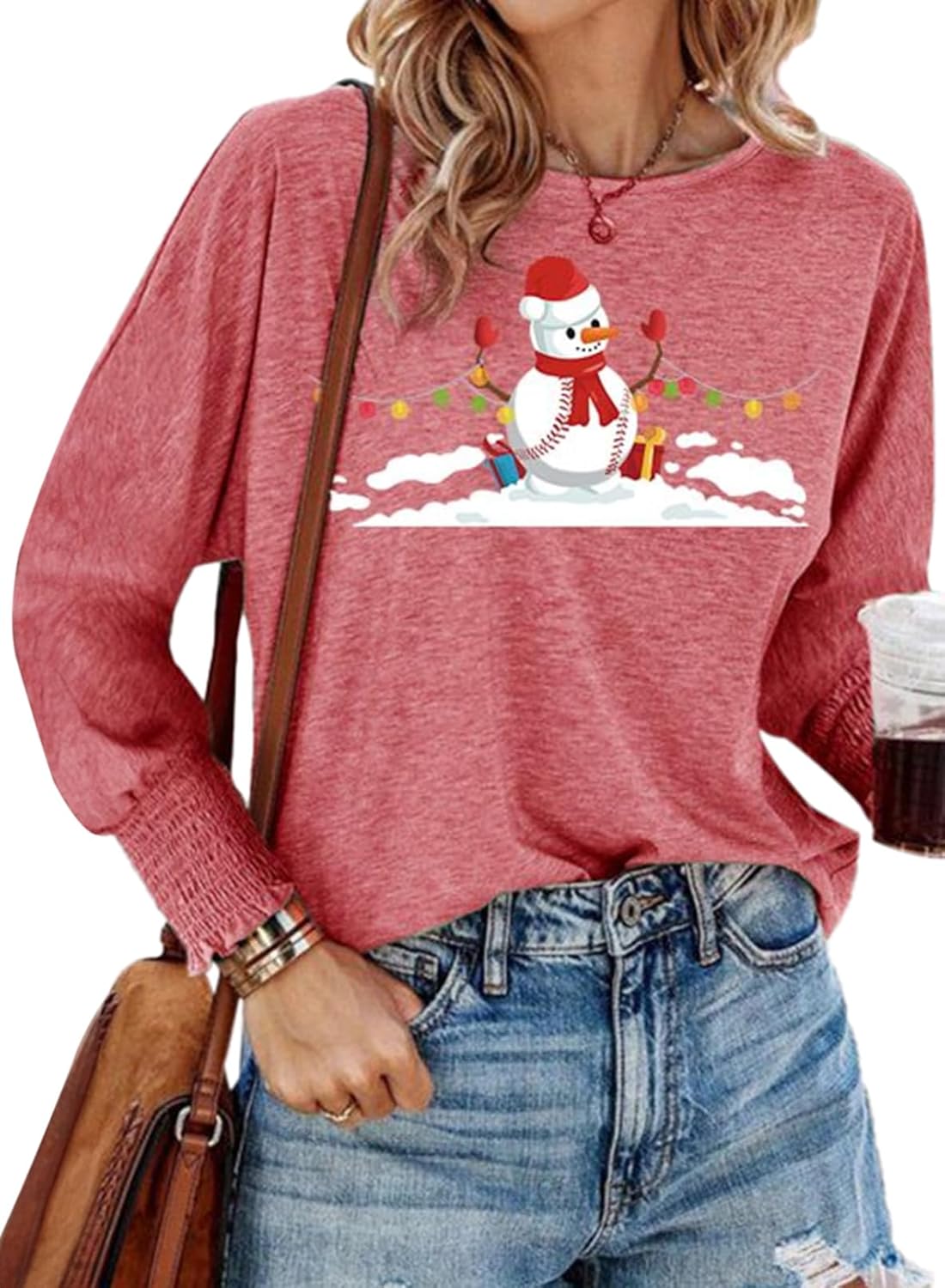 Dokotoo Women Christmas T-Shirts Crewneck Long Sleeve Tops for Women Trendy 2024 Oversized Fashion Loose Shirts Basic Tee