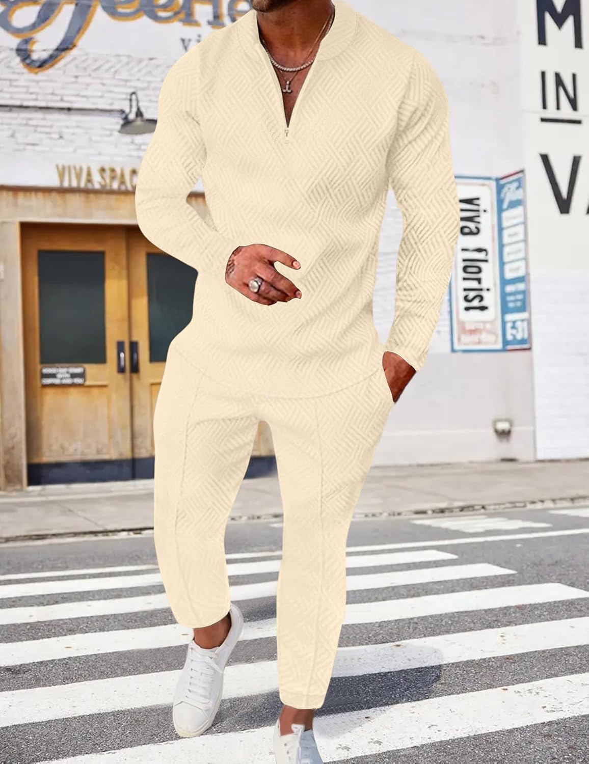 Bealin Mens Track Suits 2 Piece Long Sleeve Zip Polo Shirts & Sweatpants Textured Athletic Sweatsuit Casual Joggers Sets - Image 2