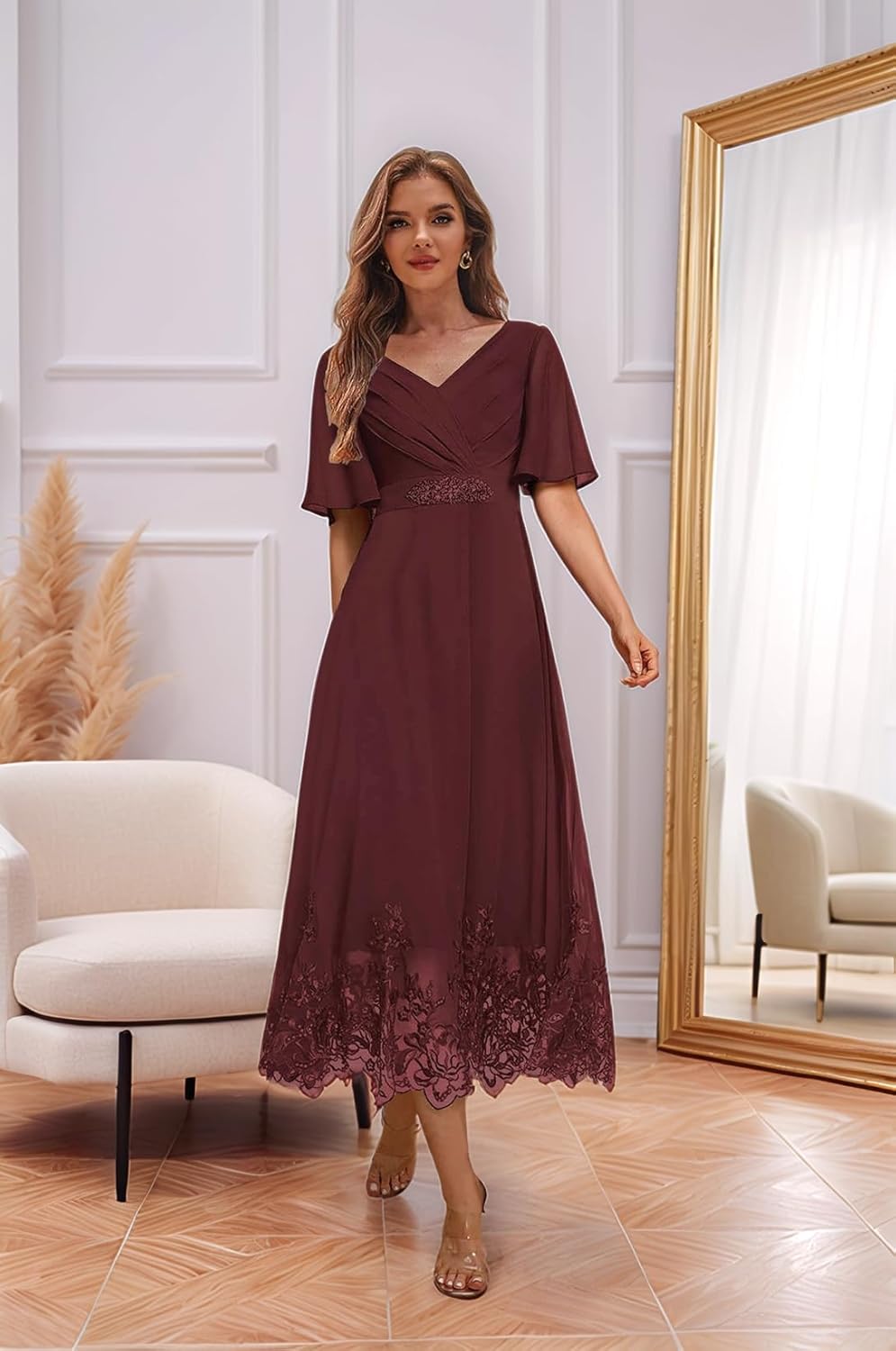 Tea Length Mother of The Bride Dresses for Wedding Lace Beaded Formal Evening Dress with Sleeves - Image 4