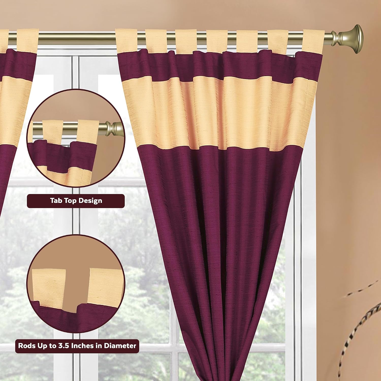 Elegant 6-Piece Silk Curtain & Cushion Set Two-Tone Maroon Gold, Tab Top Header style Machine Washable, 43"W x 108"L Panels, 2 Cushion Covers, Handcrafted Blended Raw Silk for Living & Dining Room