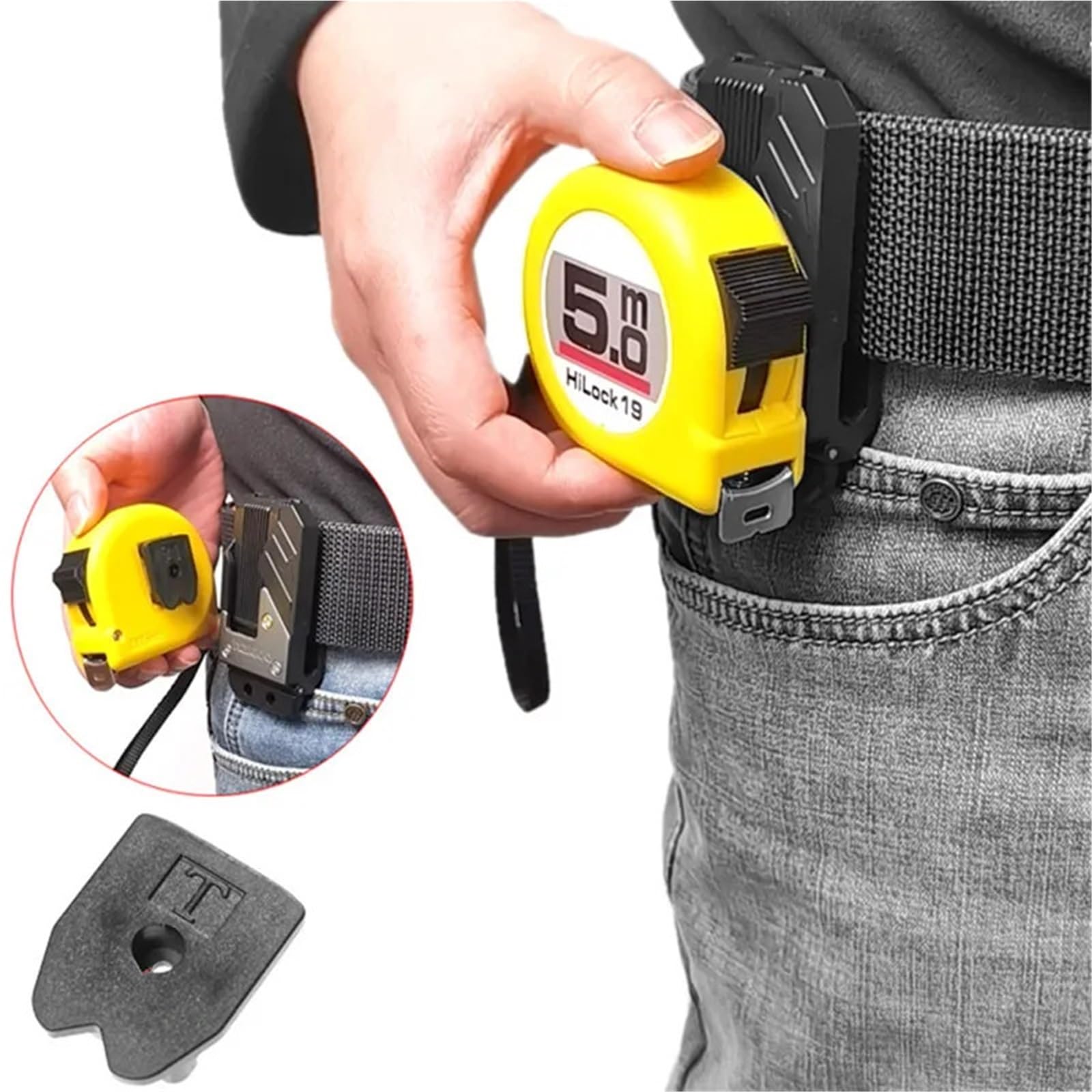 Soporte de llave martillo con hebilla liberación rápida, herramienta eléctrica, organizador cinturón, Clip cinta métrica, 5 uds(Yellow Black A)