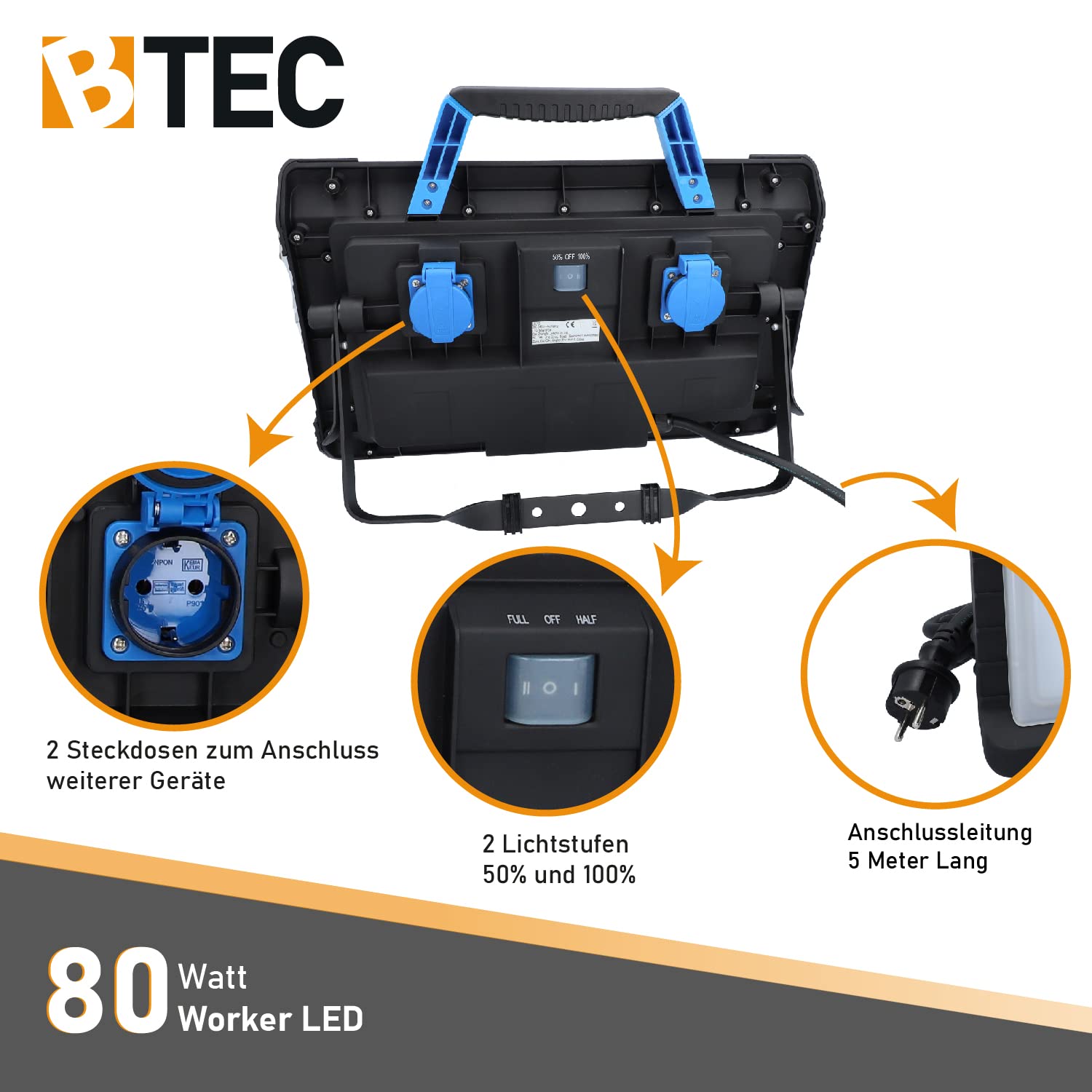 BTEC Worker LED Arbeitsleuchte 80 Watt Mit Steckdose - Baustrahler, Arbeitslampe, Bauleuchte, Werkstattlampe, Baustellenlampe