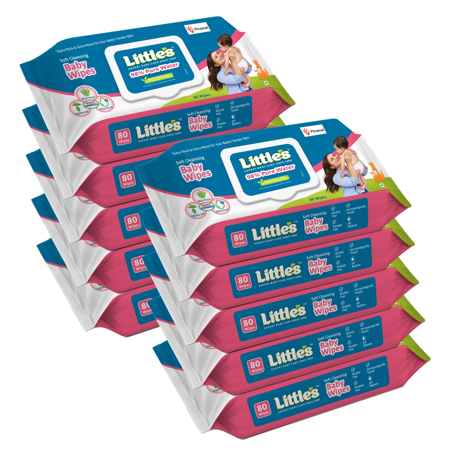 Little's Soft Cleansing Baby Wipes with Lid | 80 Wipes x Pack of 10 -800 Wipes | Extra Thick & Moist Wet Wipes for Baby's | Prevents Rashes & Redness with Goodness of Aloe Vera, Vitamin E & Jojoba Oil