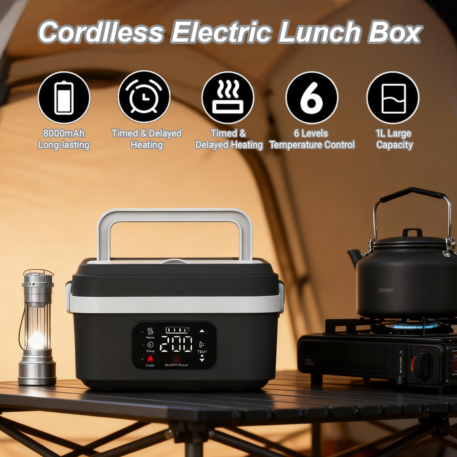 Fiambrera Eléctrica Inalámbrica con Batería 8000mAh,6 Niveles de Temperatura 1L Calentador de Comida Portátil para Trabajo Aire Libre con Temporizador