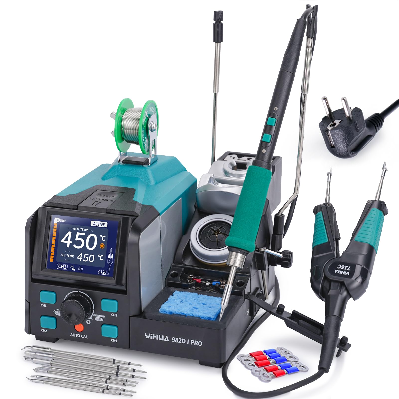 YIHUA 982D-I PRO Stazione di Saldatura 2-in-1 con Microsaldatore di Precisione, Pinzette Calde, 10 Cartucce a Punta, Interfacce Operative Individuali, Doppio Supporto, 4 Canali Preimpostati (EU Plug)