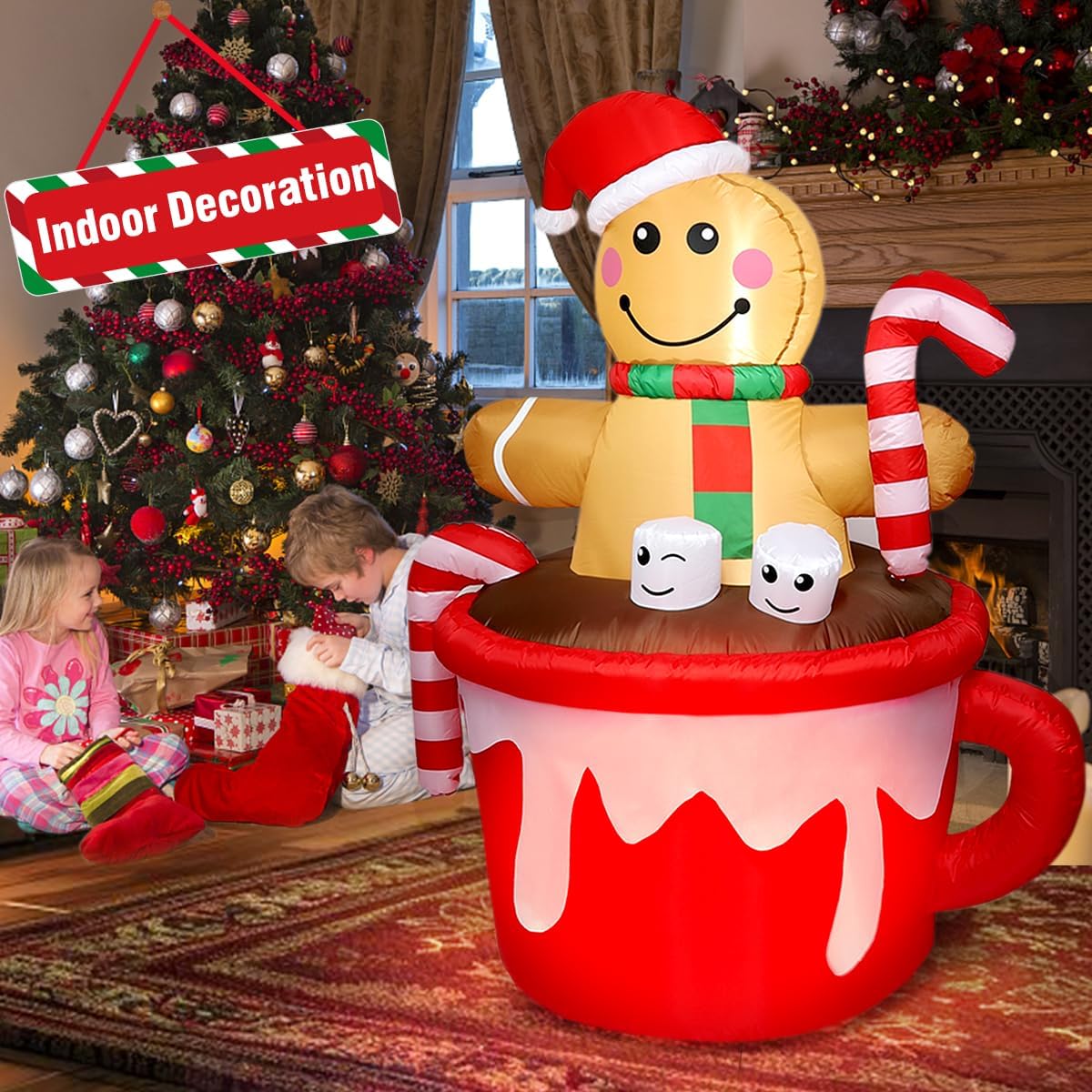 5FT Christmas Inflatable Outdoor Decoration, Gingerbread Man in Coffee Mug Blow Up LED Light Christmas Inflatables Yard Decorations with Build-in LEDs for Indoor Outdoor Garden Party Lawn Xmas Decor